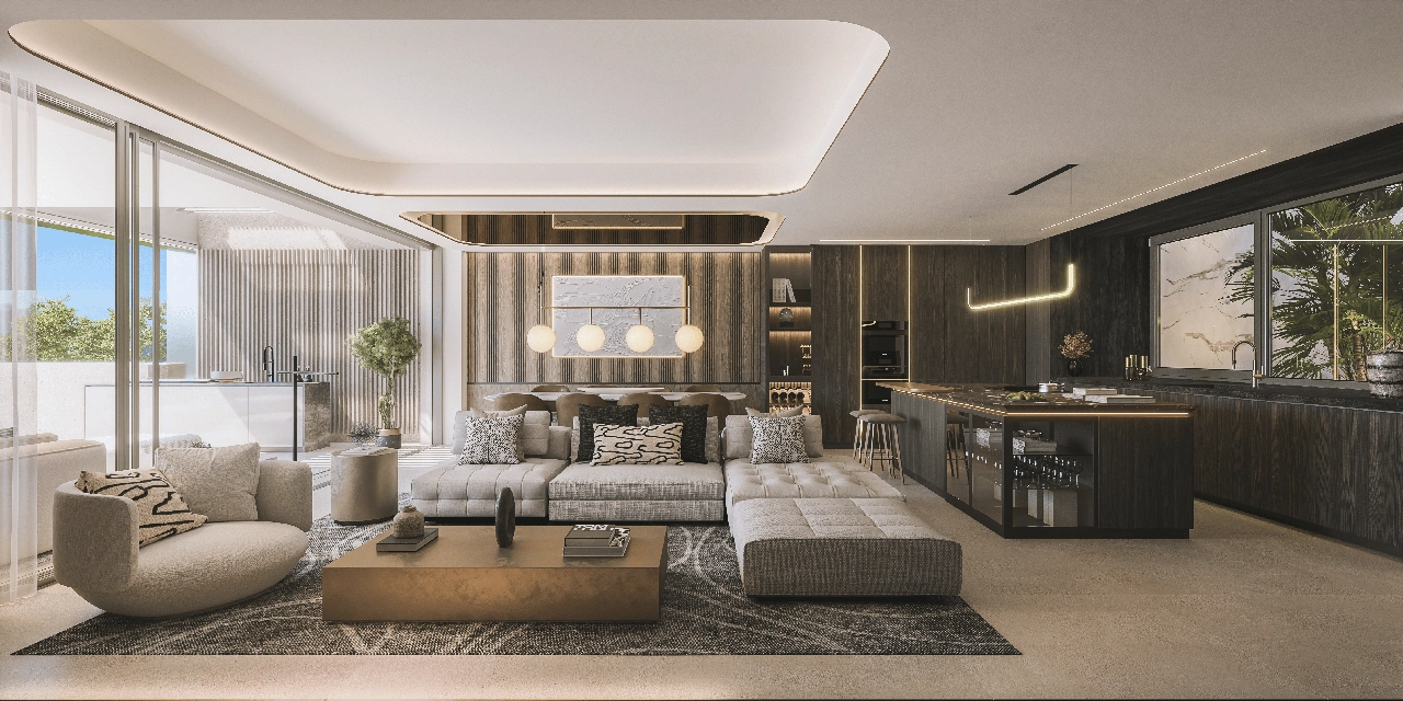 Ett sofistikerat kök med premiumvitvaror integreras vackert med vardagsrums- och matplatserna.