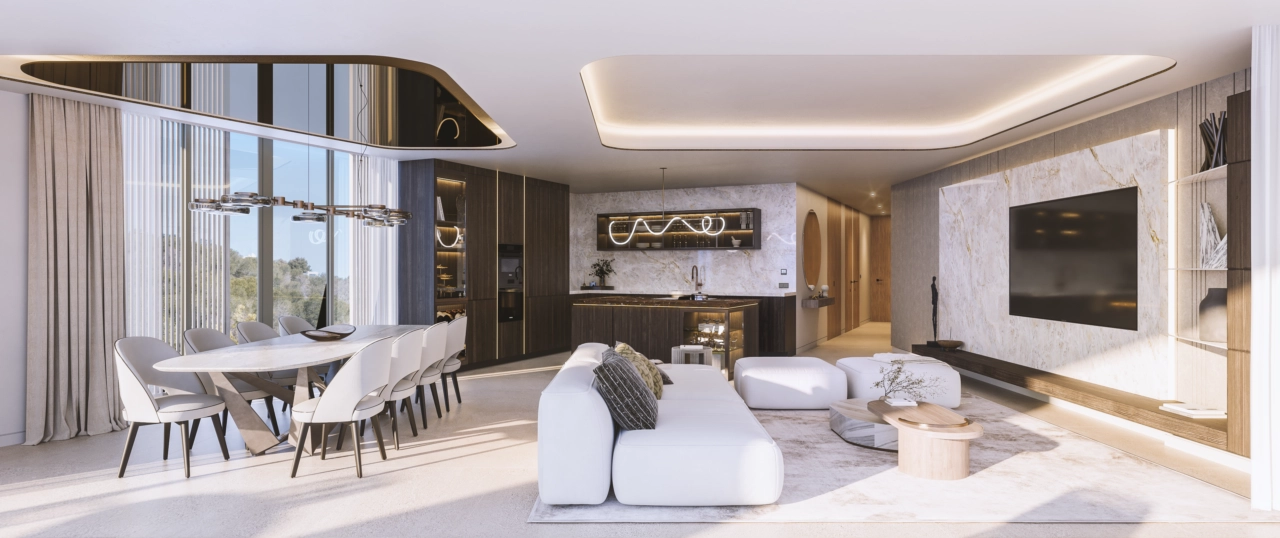 Solljus fyller de eleganta mat- och vardagsrumsdelarna, vilket skapar en ljus och välkomnande atmosfär för familj och vänner.