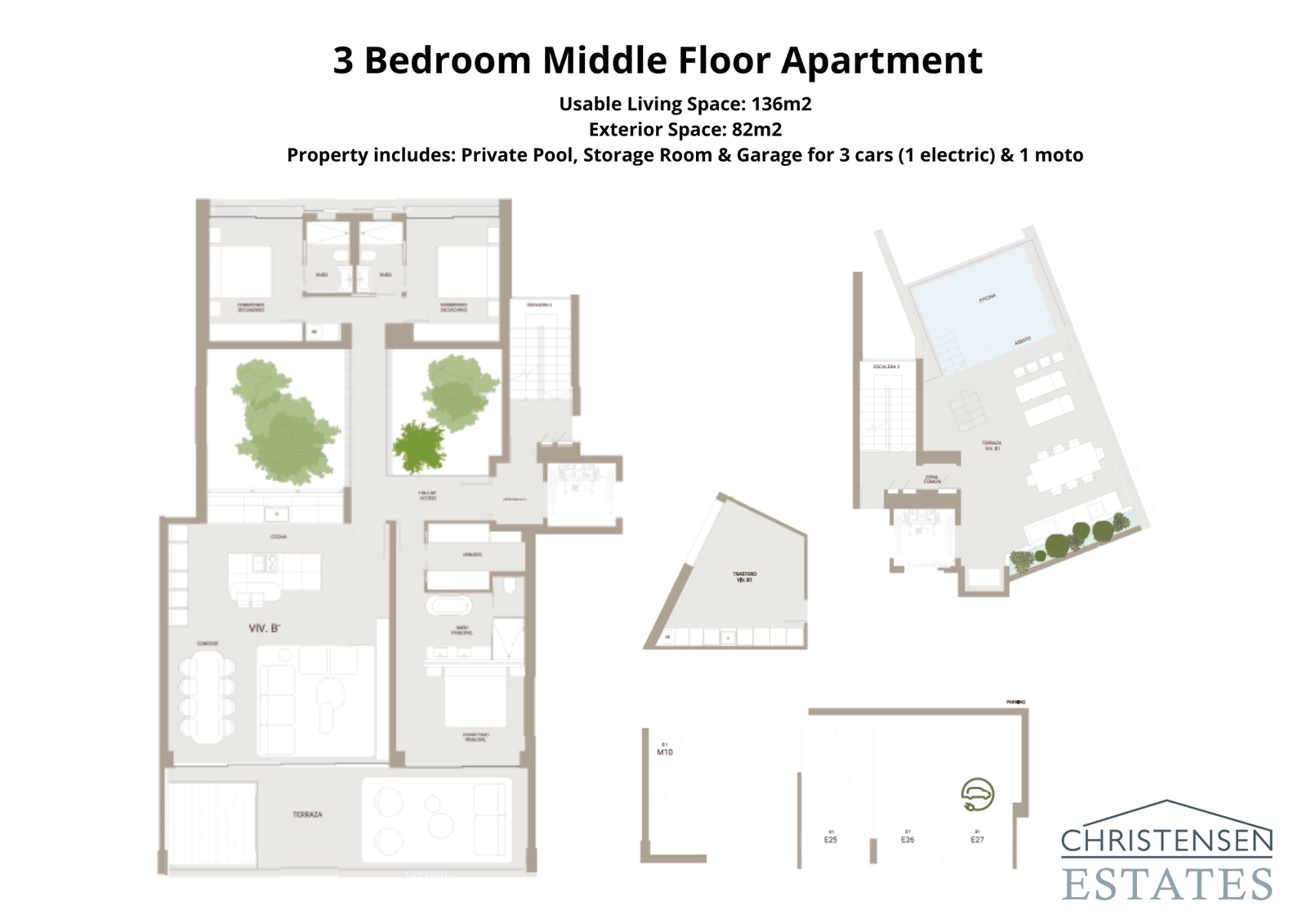 Denna planlösning med tre sovrum har 136 m² boyta och en 82 m² terrass. Layouten betonar flöde och avskildhet, inklusive en privat pool och ett säkert garage för tre bilar.
