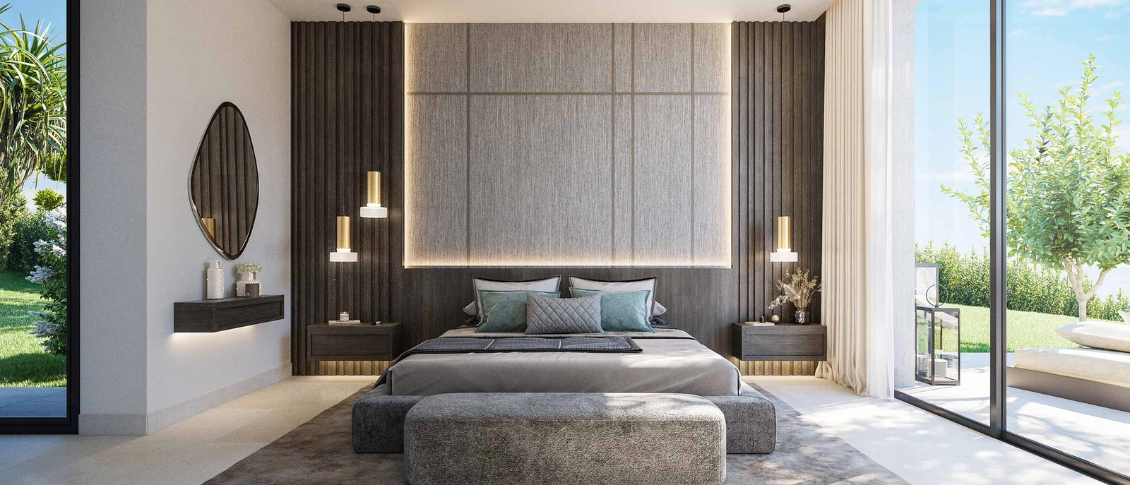 Eleganta master sovrum designade som en privat fristad, med direkt tillgång till trädgården.