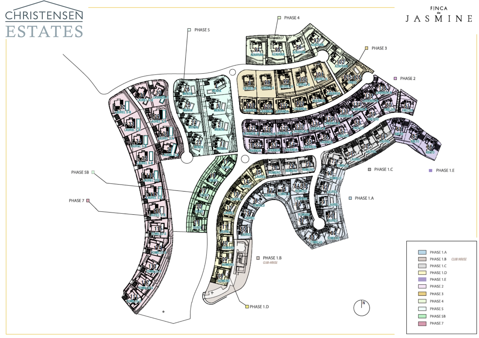En masterplan för Finca de Jasmine-området, som visar den genomtänkta layouten av villorna och grönområdena.