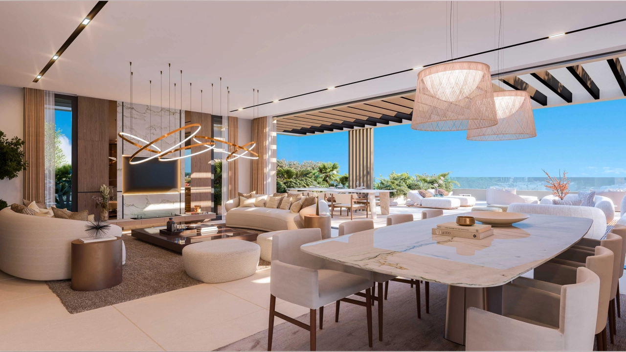 En elegant, öppen planlösning för vardagsrum och matplats, designad för komfort och fylld med naturligt ljus.