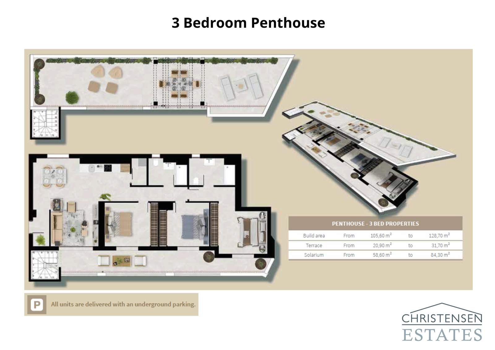 Den exklusiva takvåningen med tre sovrum inkluderar ett stort solarium på taket, perfekt för privat avkoppling och umgänge.