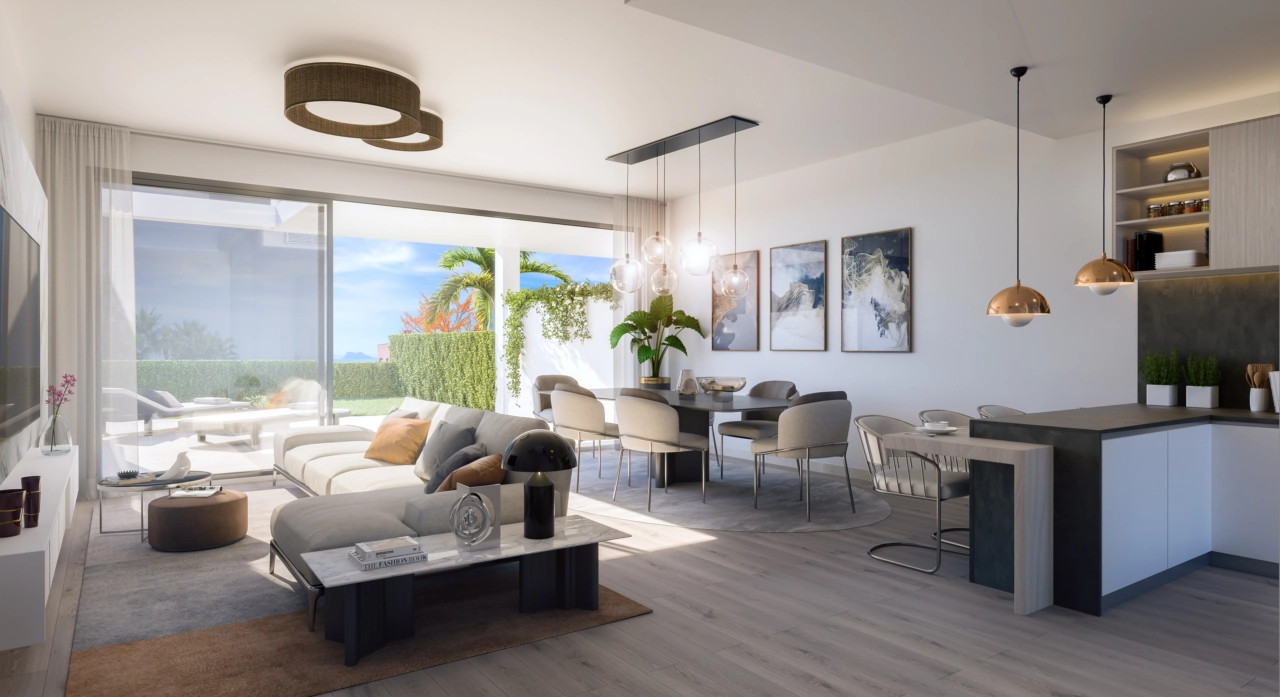 Den ljusa och rymliga vardagsrumsdelen ansluter sömlöst till den privata trädgården, vilket skapar en perfekt livsstil mellan inne och ute.