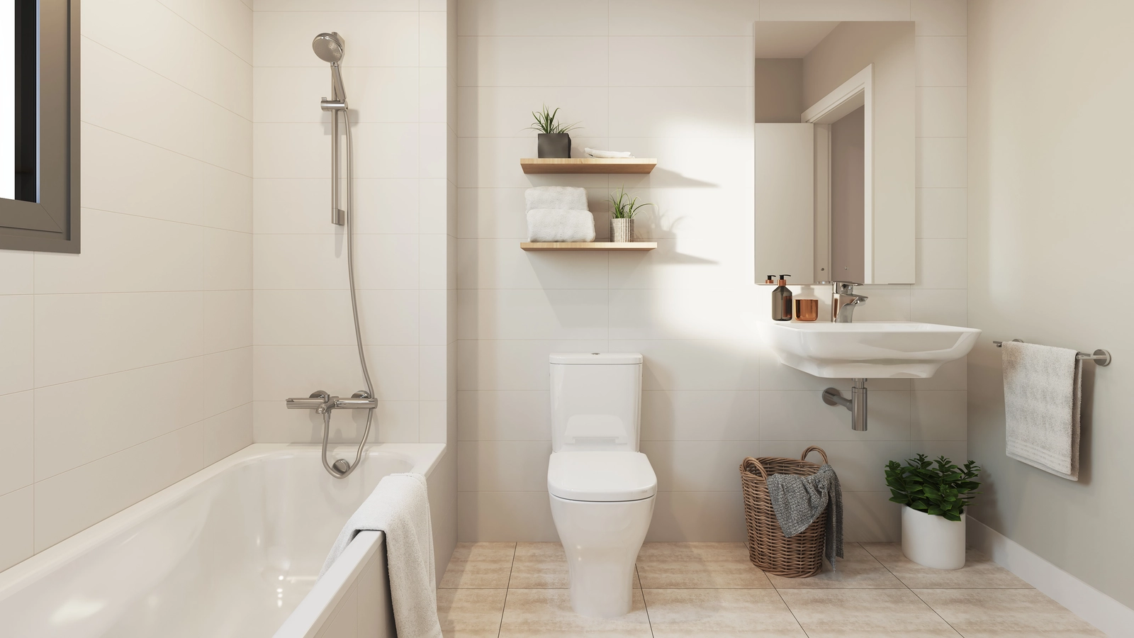 Ett ljust och rymligt badrum med badkar i full storlek och moderna, högkvalitativa ytskikt.