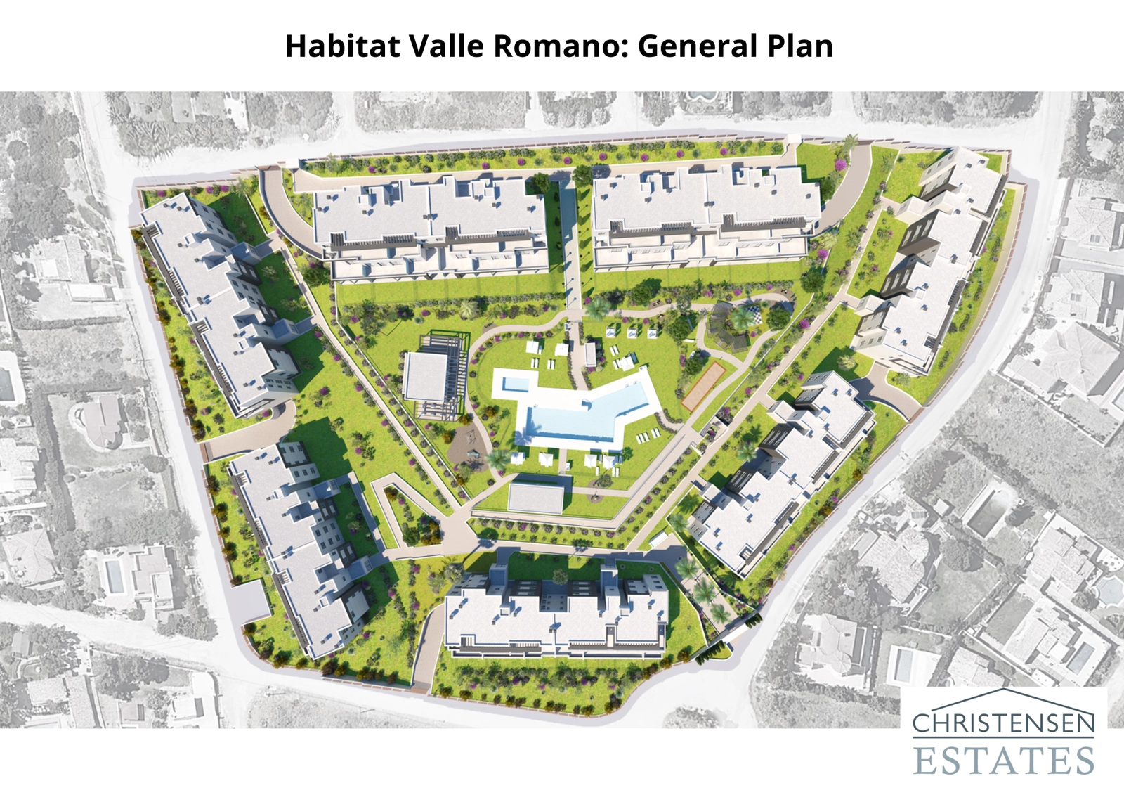 En översikt över bostadsområdet, som visar den genomtänkta layouten av byggnader, pooler och stora grönområden utformade för gemensamt boende.