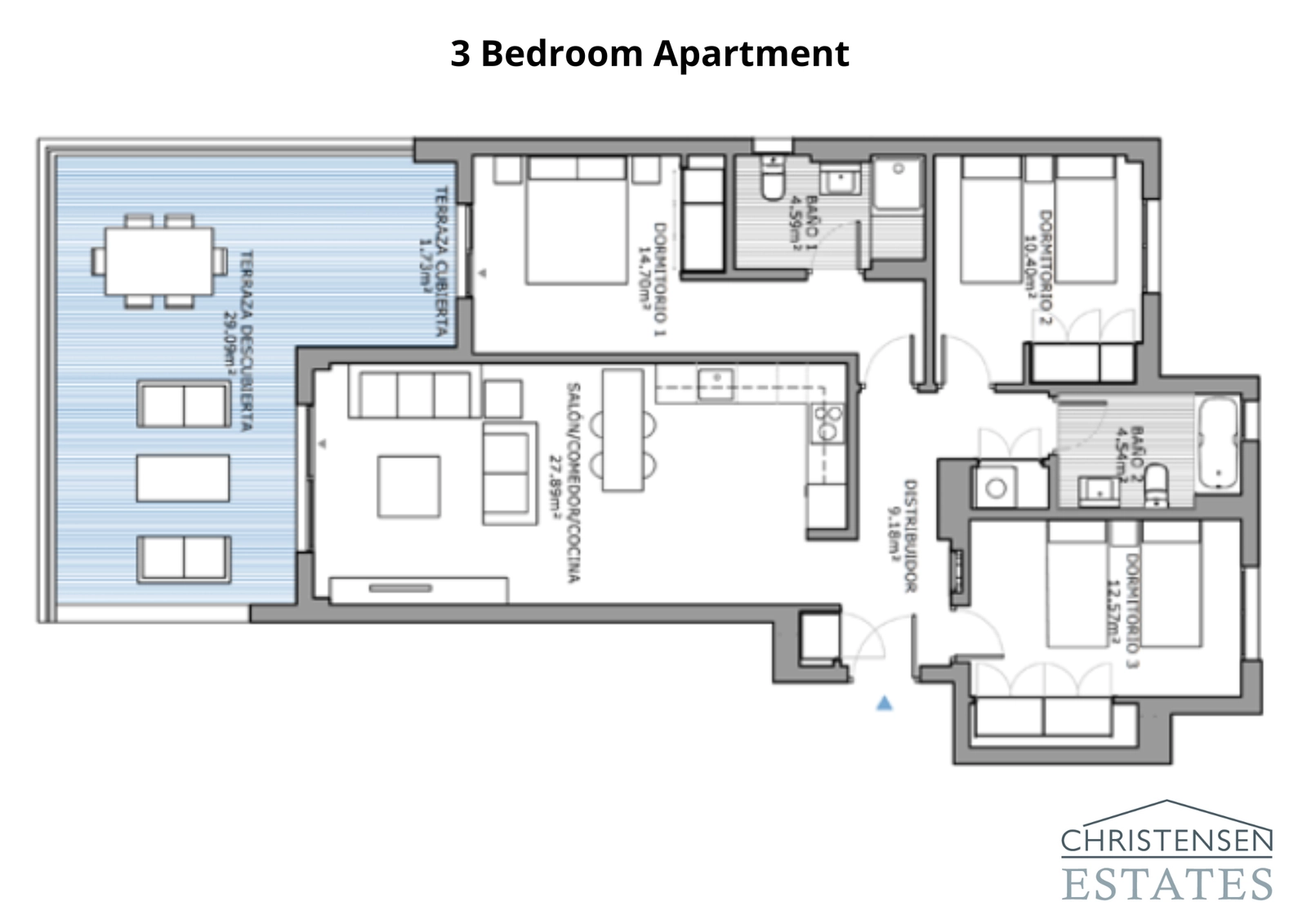 En rymlig bostad med tre sovrum designad för komfort, med en stor terrass som erbjuder fantastisk utsikt och gott om plats för avkoppling.