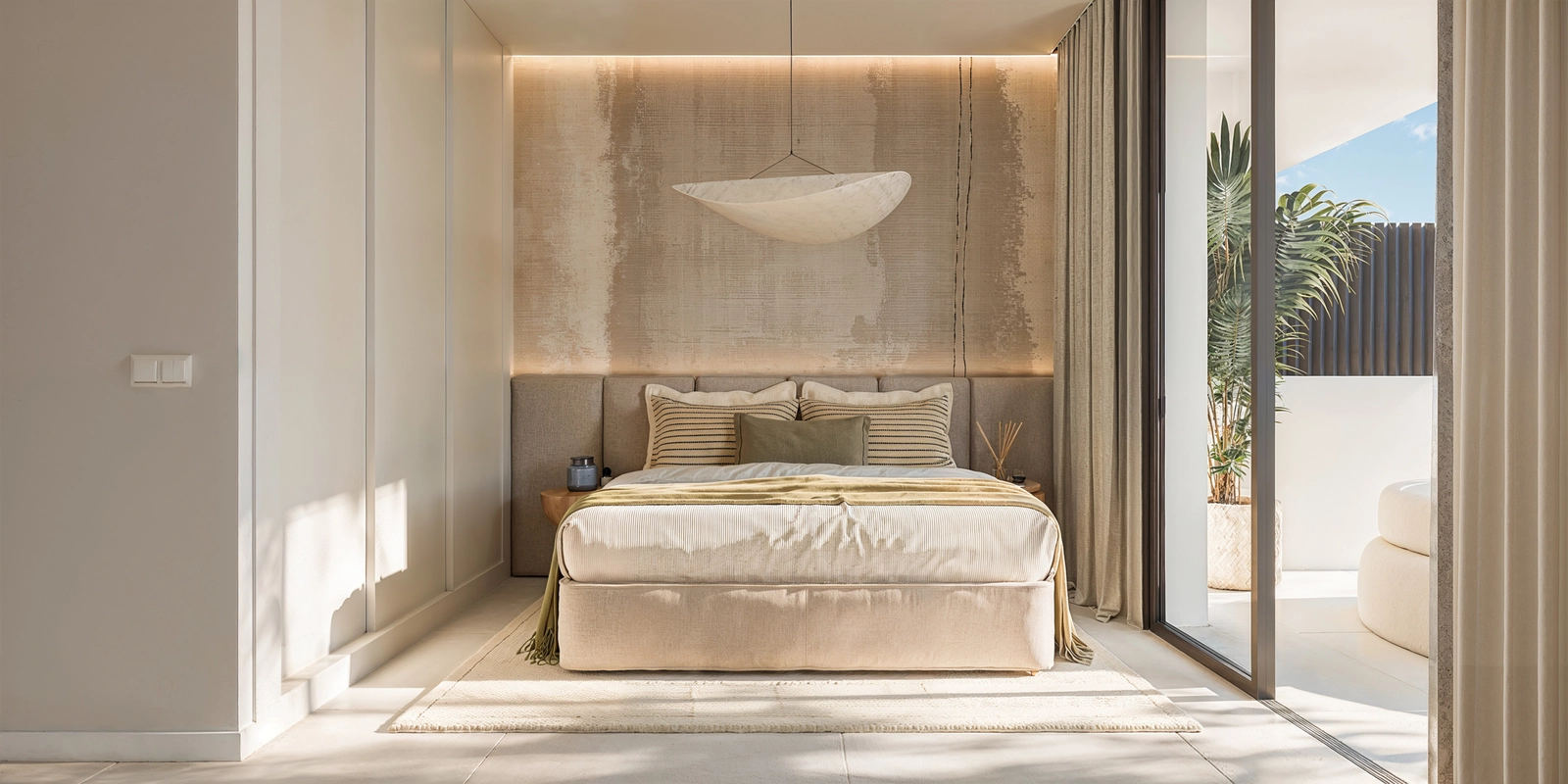 Ett vackert designat gästrum som erbjuder komfort, stil och tillgång till en privat terrass.