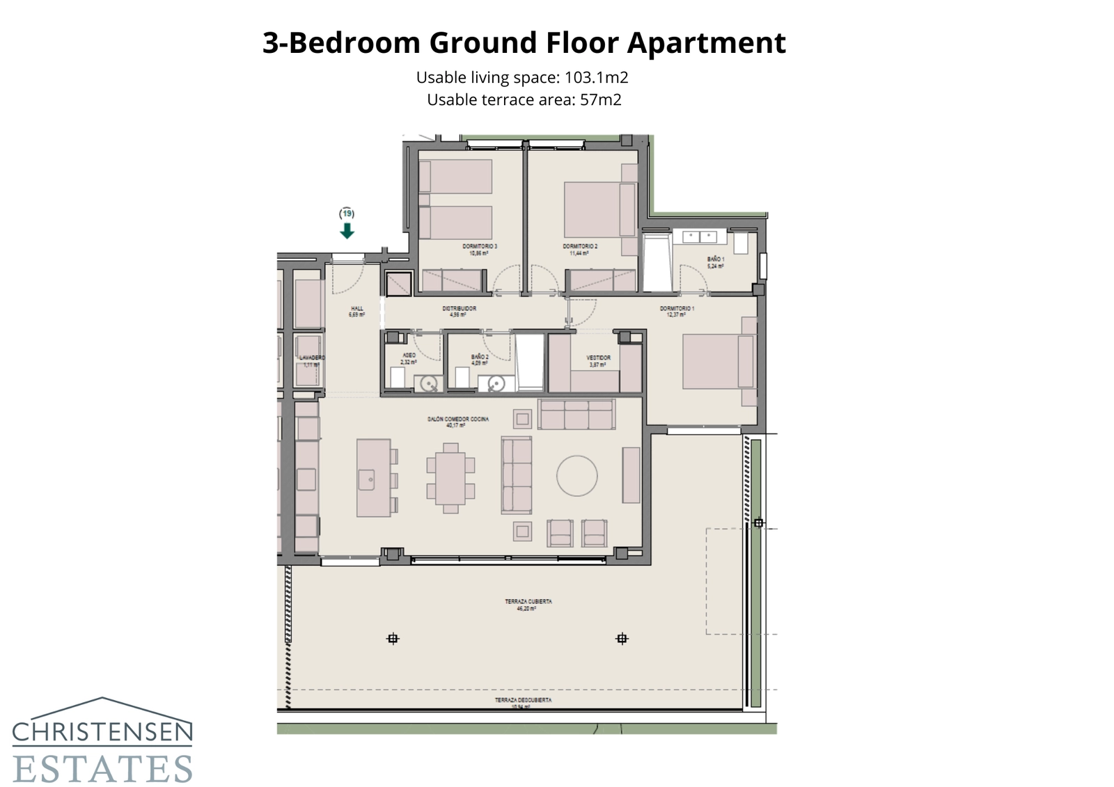 Planlösning för en trerumslägenhet på bottenvåningen, som framhäver de rymliga interiörerna och direkt tillgång till en privat trädgård.