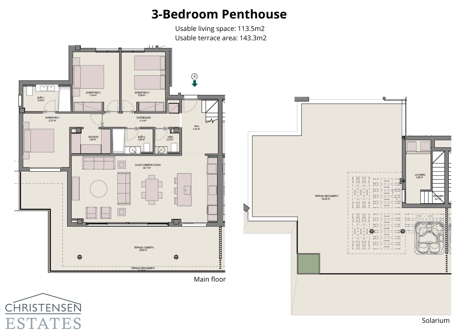 Planlösningen för en trerumspenthouse erbjuder generösa vardagsrum och ett magnifikt solarium för den ultimata lyxiga livsstilen.