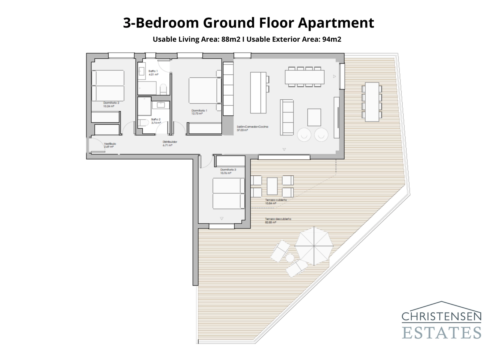 Denna lägenhet med tre sovrum på bottenvåningen kopplar samman rymliga interiörer med en generös terrass och privat trädgård, perfekt för utomhusliv.
