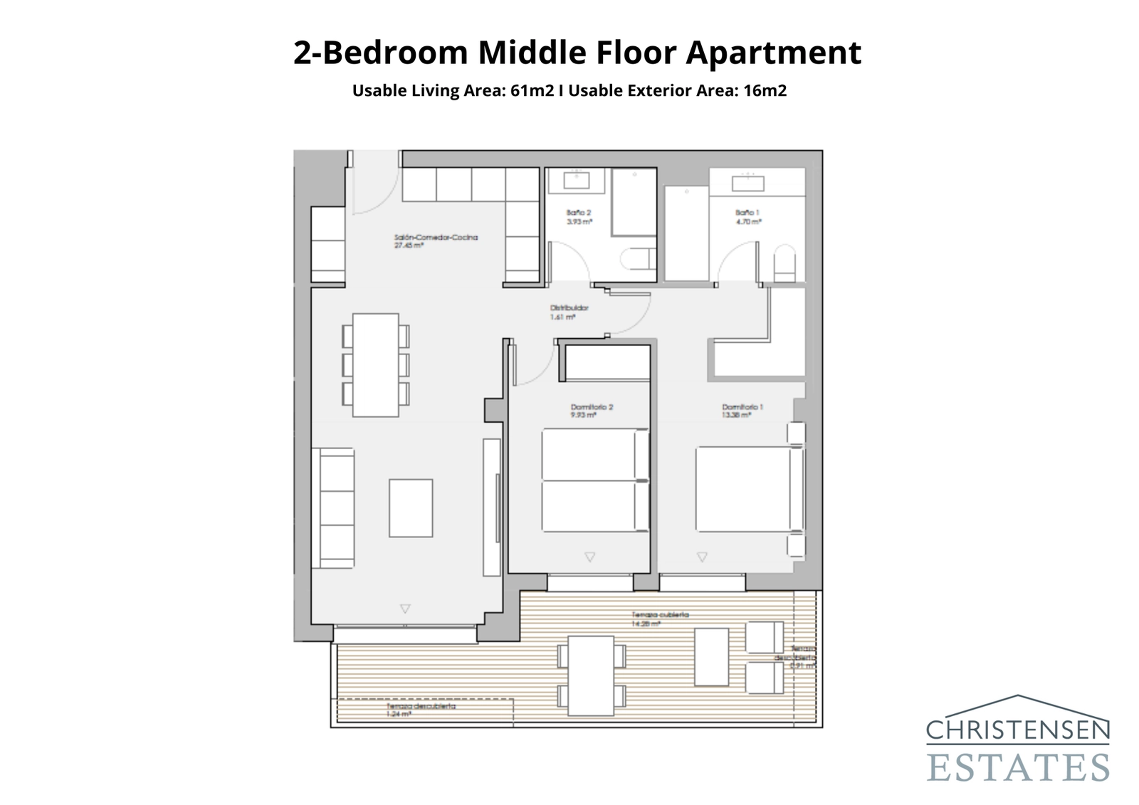 En intelligent tvårumslägenhet med öppen planlösning som sträcker sig ut till en privat terrass, idealisk för att njuta av utsikten.