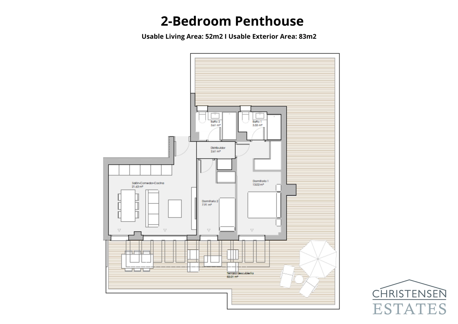 Den exklusiva takvåningen med två sovrum har en expansiv terrass runt om, vilket ger exceptionellt utrymme för underhållning och avkoppling.