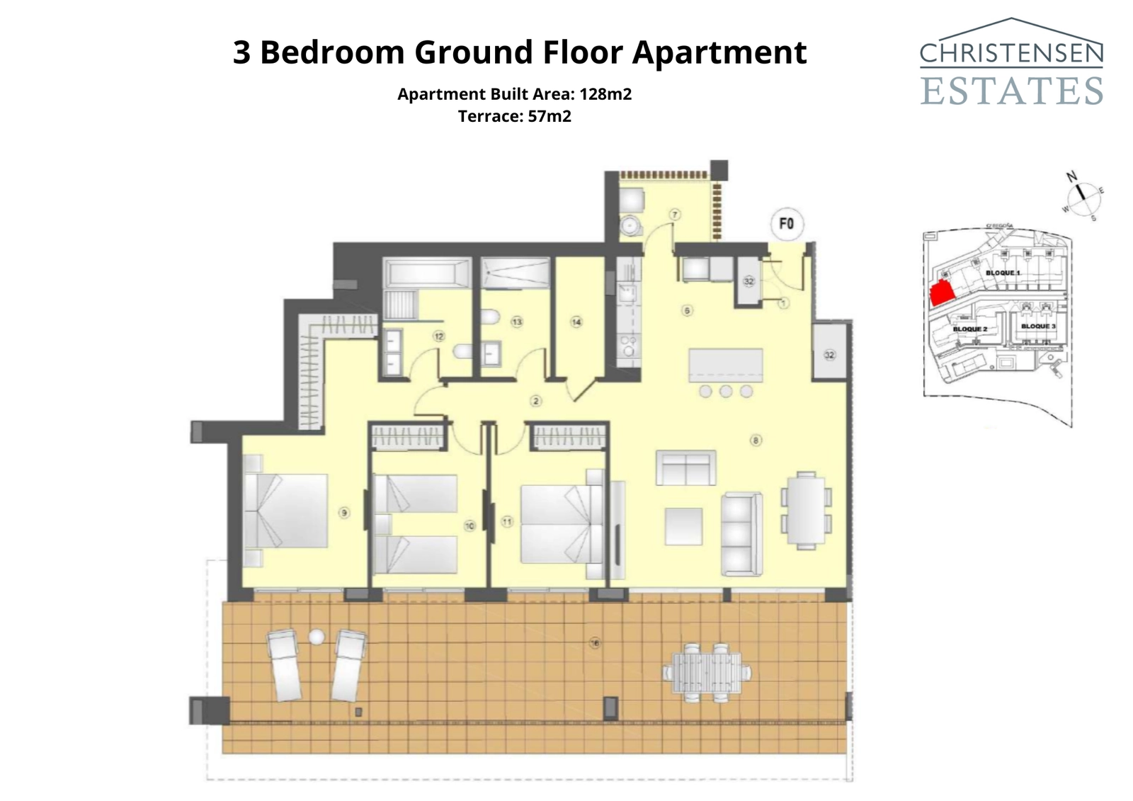 Planlösningen för en markplanslägenhet med tre sovrum, som visar rymliga interiörer som ansluter till en stor terrass och privat trädgård, perfekt för utomhusliv.