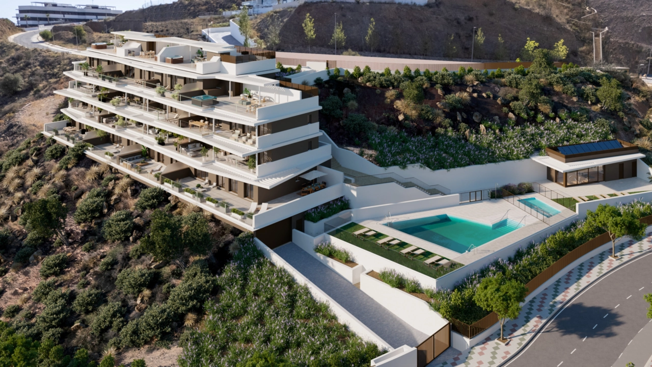 En flygvy som visar bostadsområdets privilegierade läge och gemensamma faciliteter.