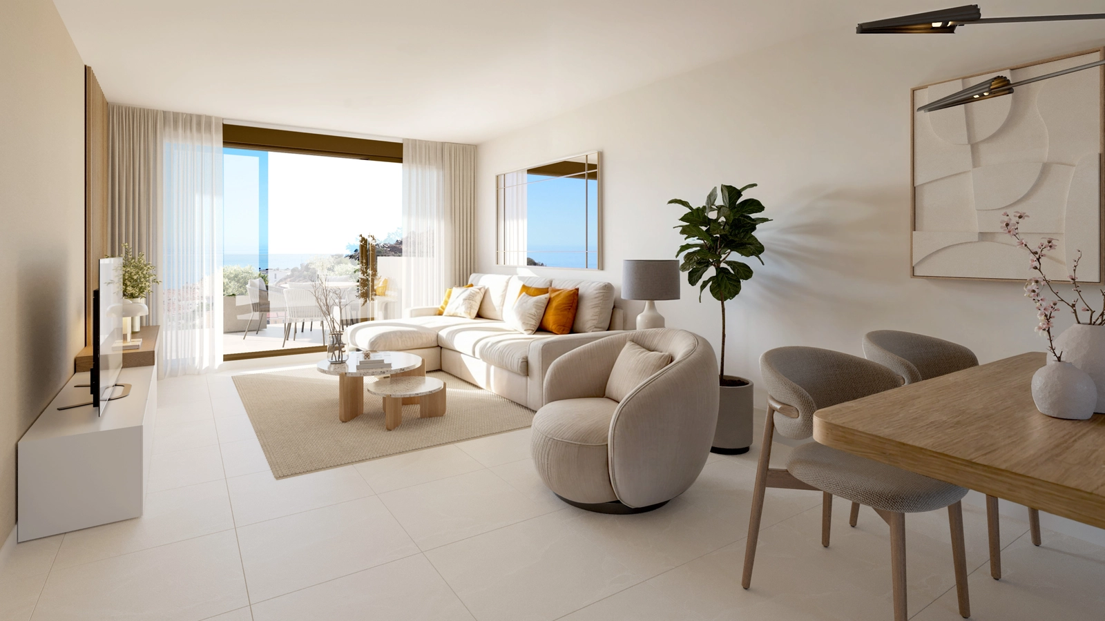 Det ljusa och rymliga vardagsrummet ansluter sömlöst till utomhusterrassen, vilket skapar ett perfekt flöde mellan inomhus och utomhus.