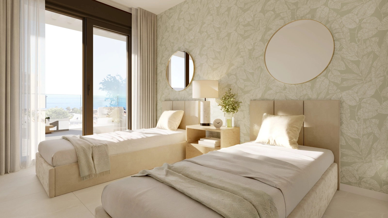 Ett vackert inrett sekundärt sovrum med rikligt naturligt ljus och direkt tillgång till utomhusmiljön.