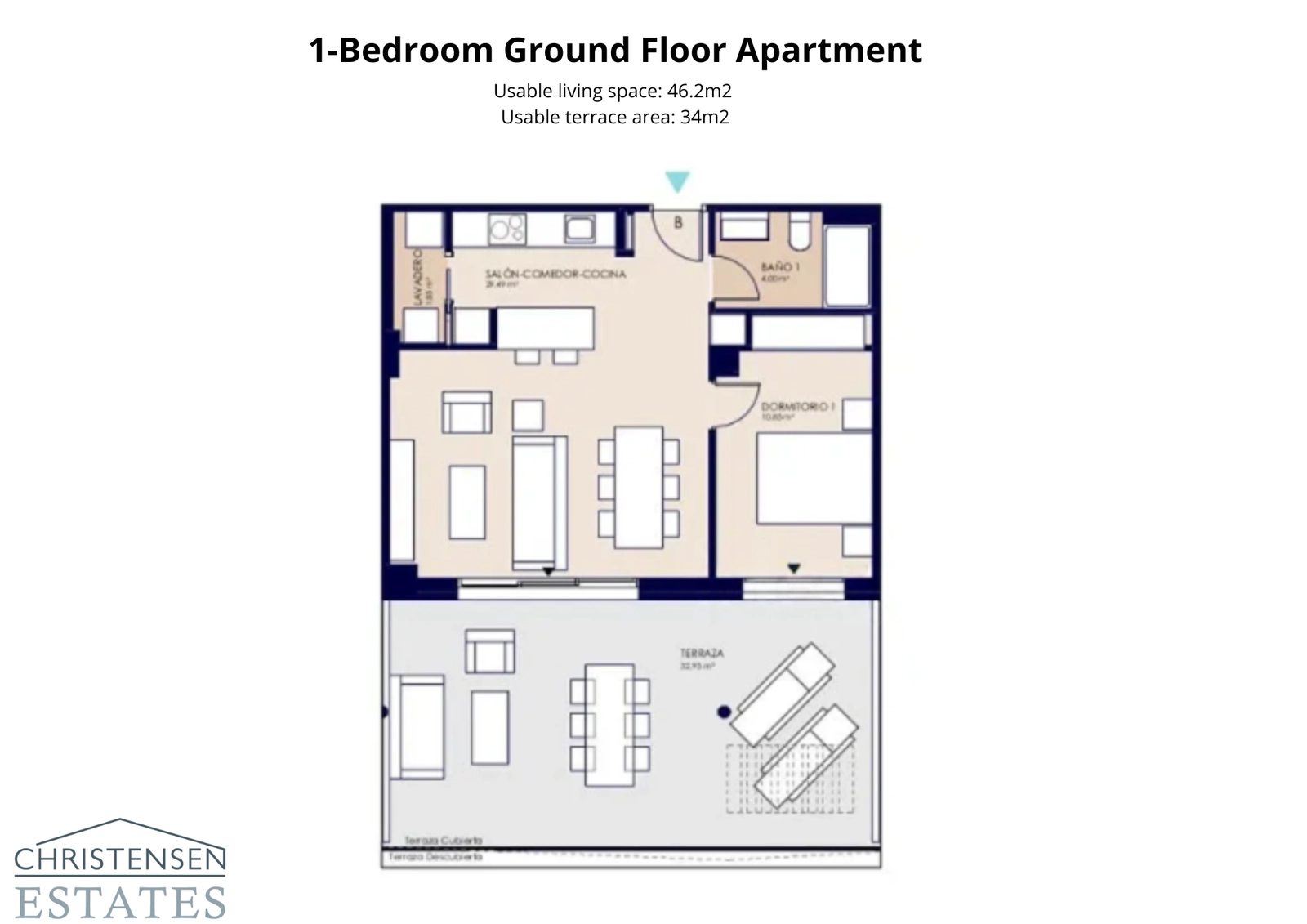 Planlösning för en enrumslägenhet på bottenvåningen, som visar en generös terrass som utökar boytan utomhus.