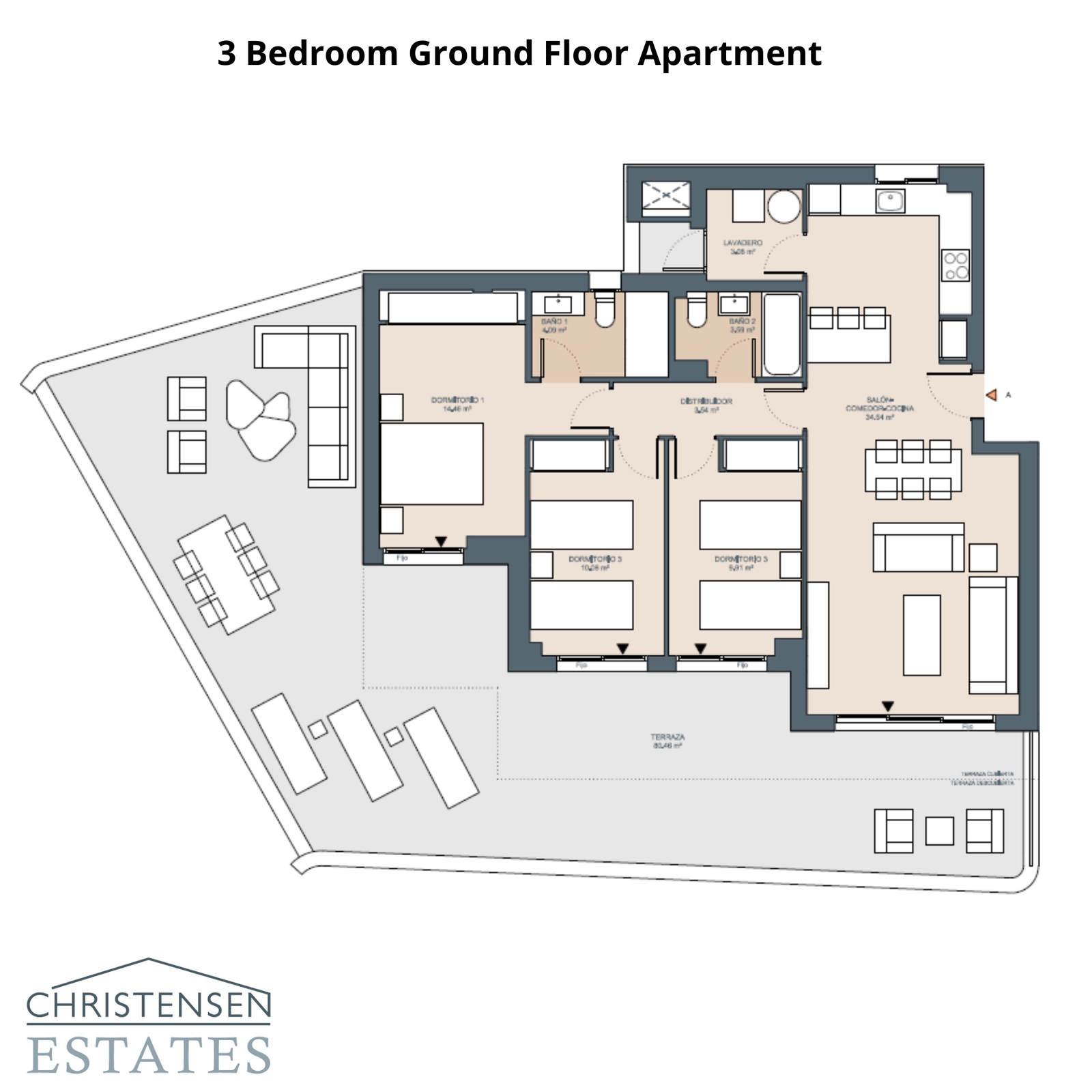 Denna planlösning för en bottenvåningslägenhet med tre sovrum framhäver en generös terrass och trädgård, som utökar boytan utomhus.