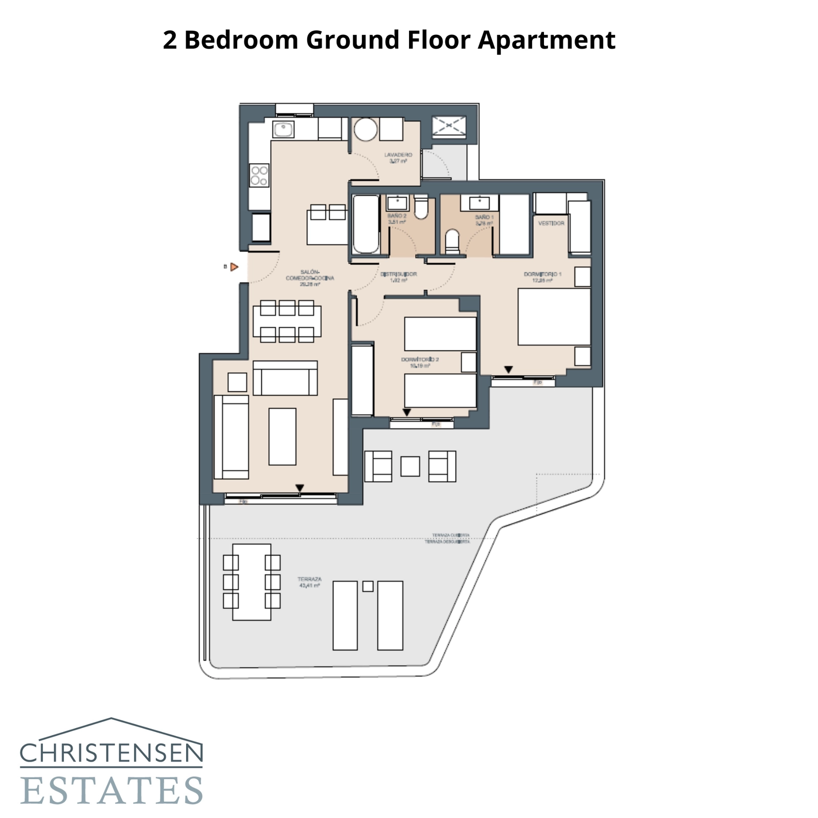 Planlösningen för en tvårumslägenhet på bottenvåningen, designad för modernt boende med enkel tillgång till en privat terrass.