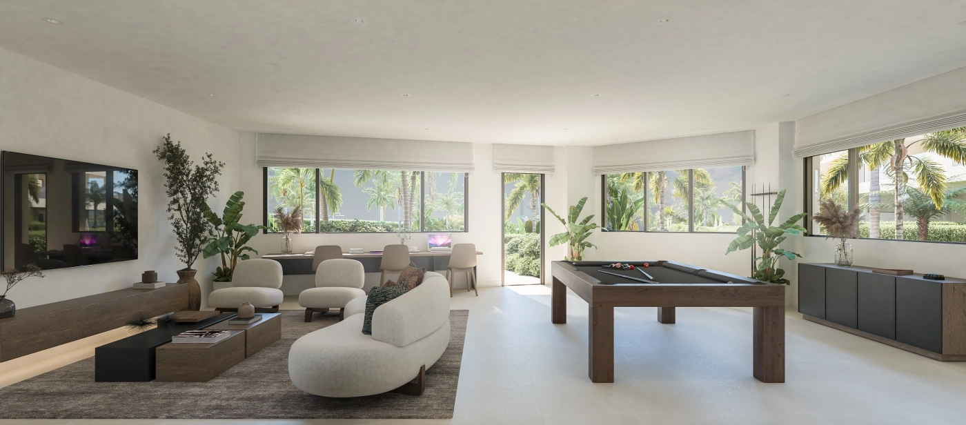 Den gemensamma sällskapsytan, ett mångsidigt utrymme för boende att arbeta, träffas eller koppla av i komfort.