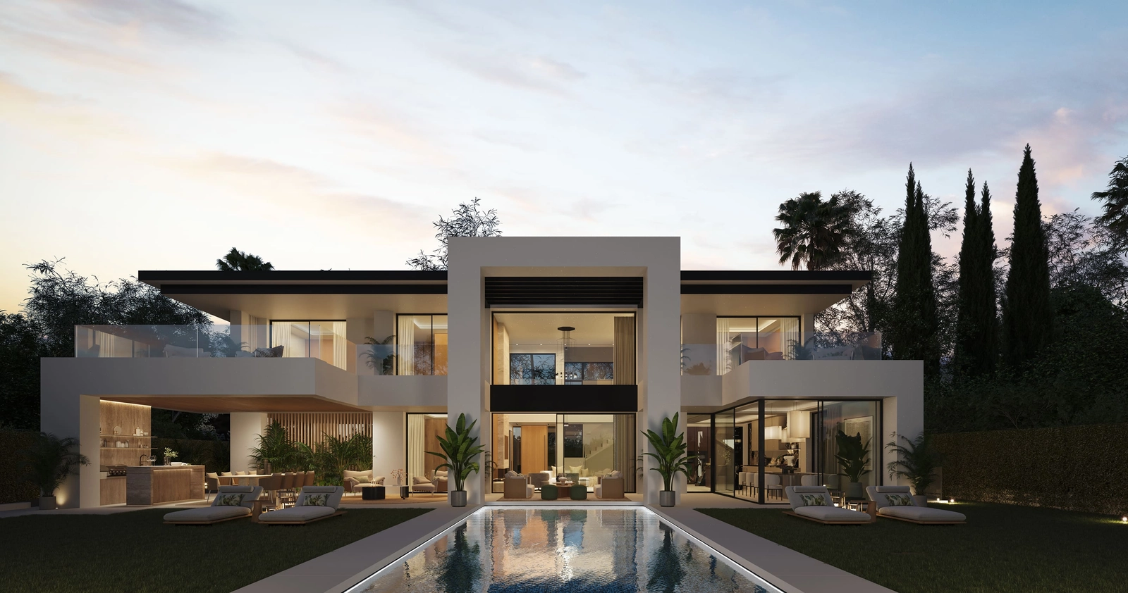 När kvällen kommer skapar villans eleganta belysning en varm och inbjudande atmosfär runt den privata poolen och trädgården.