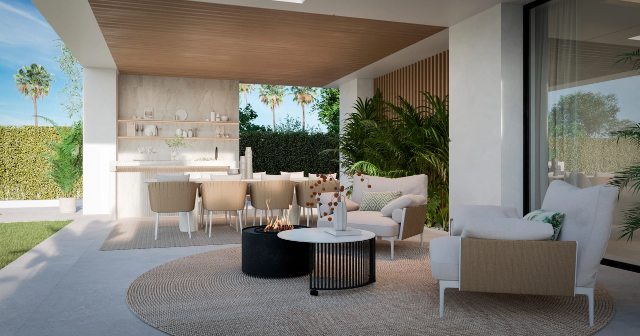 Njut av livsstilen på Costa del Sol med en sofistikerad täckt terrass, perfekt för utomhusmiddagar och avkoppling.