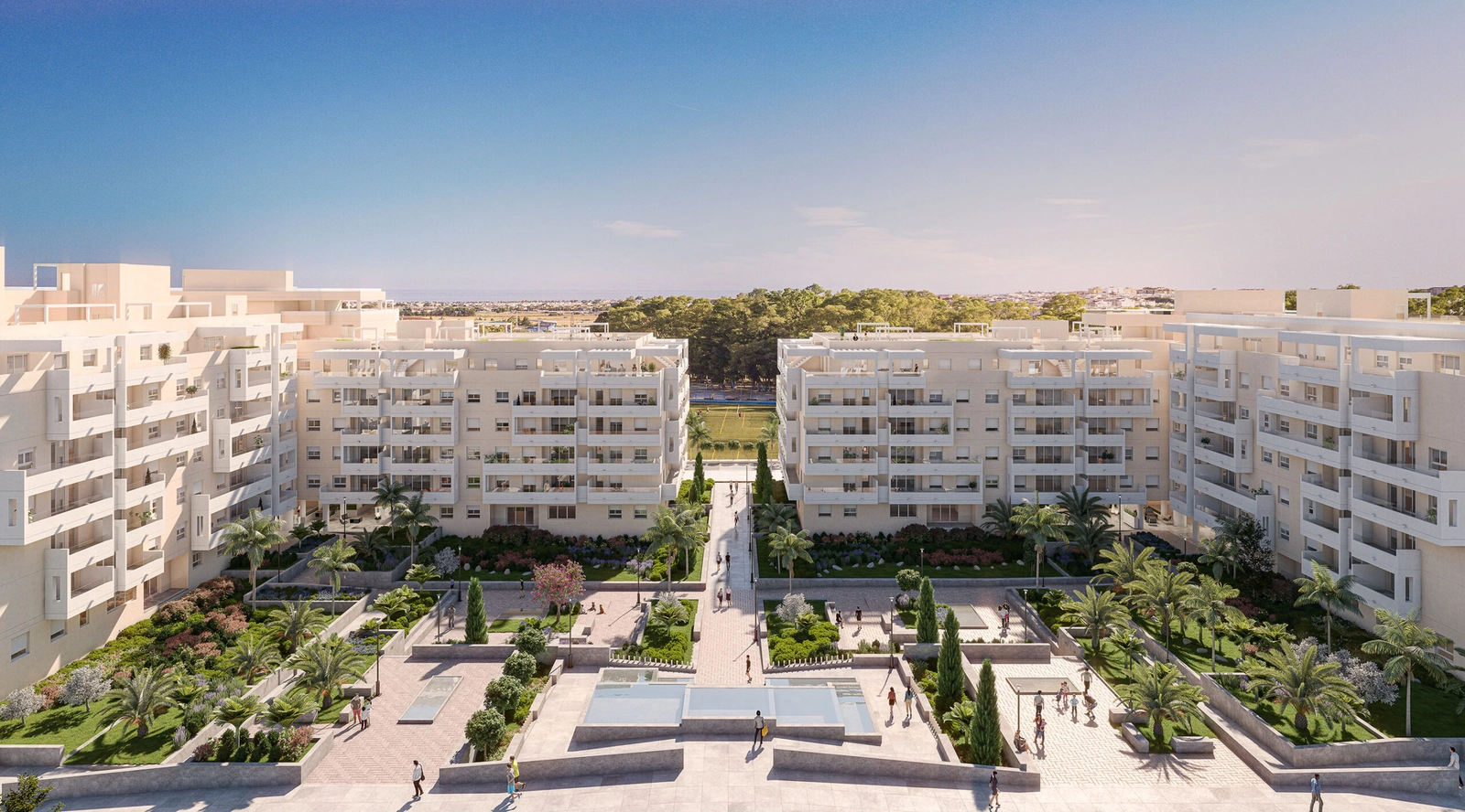 En flygvy visar upp områdets vackra utformning, inbäddad i lummig grönska på Costa del Sol.