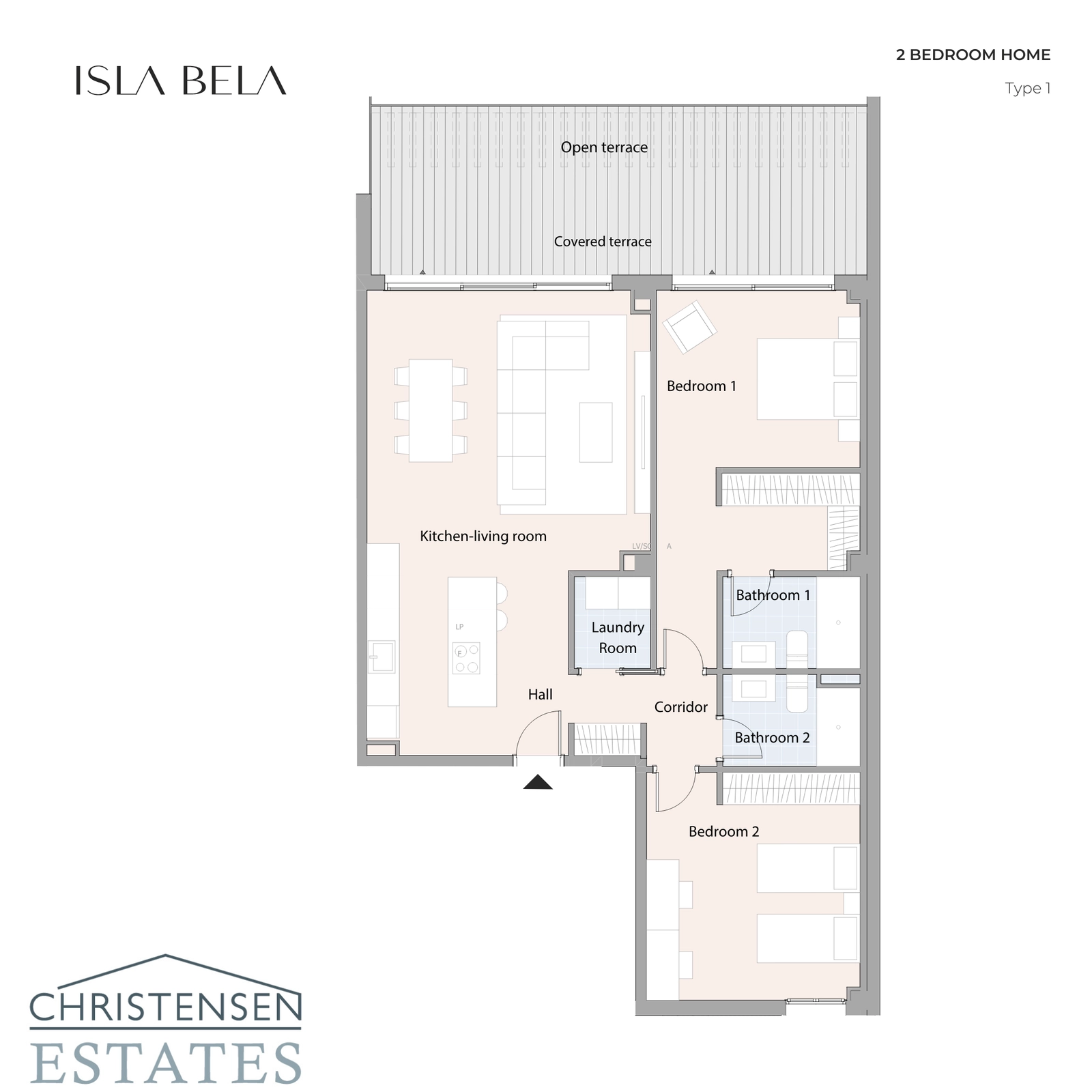 Planlösning för lägenhet med två sovrum, med en smart design som förbinder vardagsrummet med en stor täckt och öppen terrass.