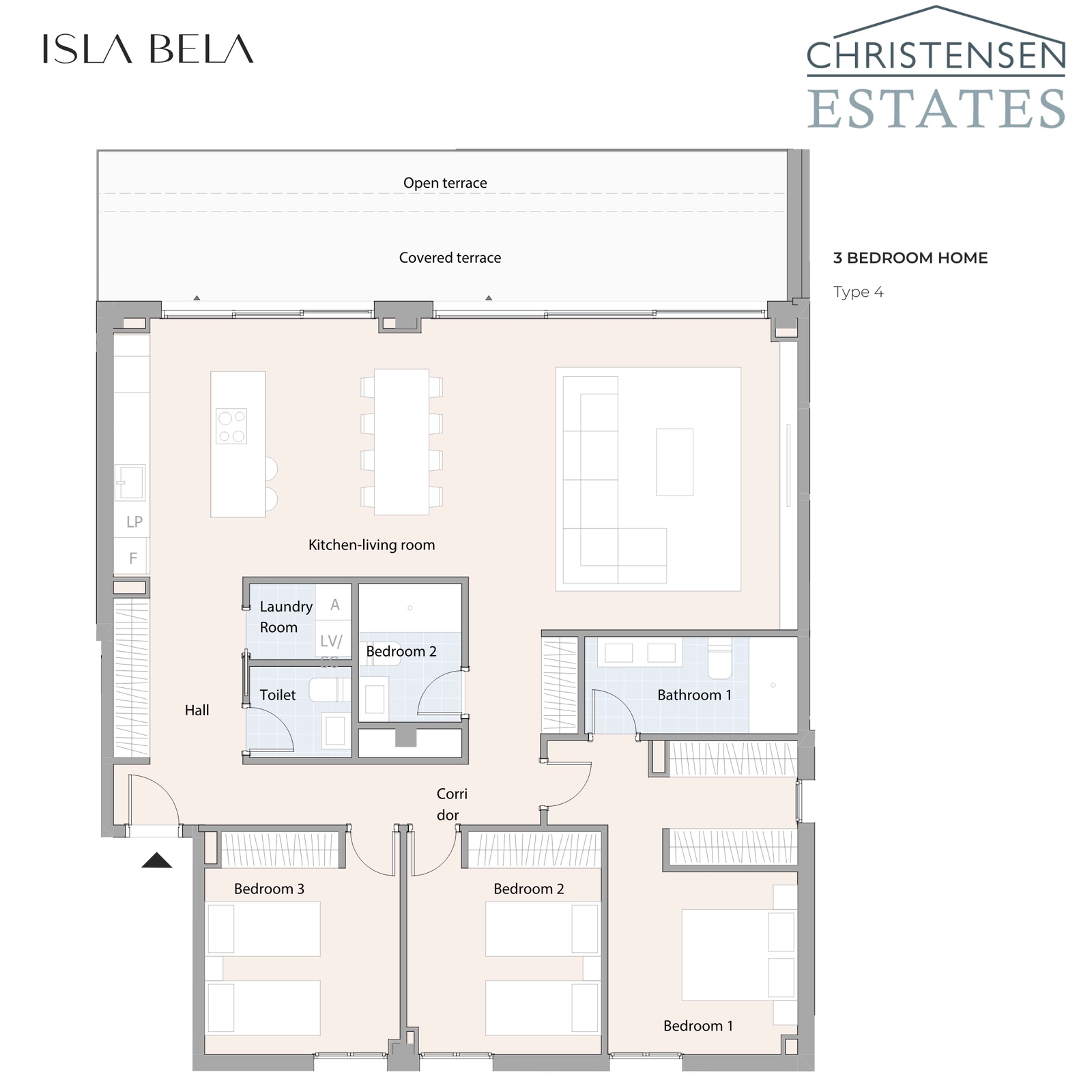 Planlösning för lägenhet med tre sovrum, som erbjuder en balanserad fördelning av utrymme för familjeliv och avskildhet.