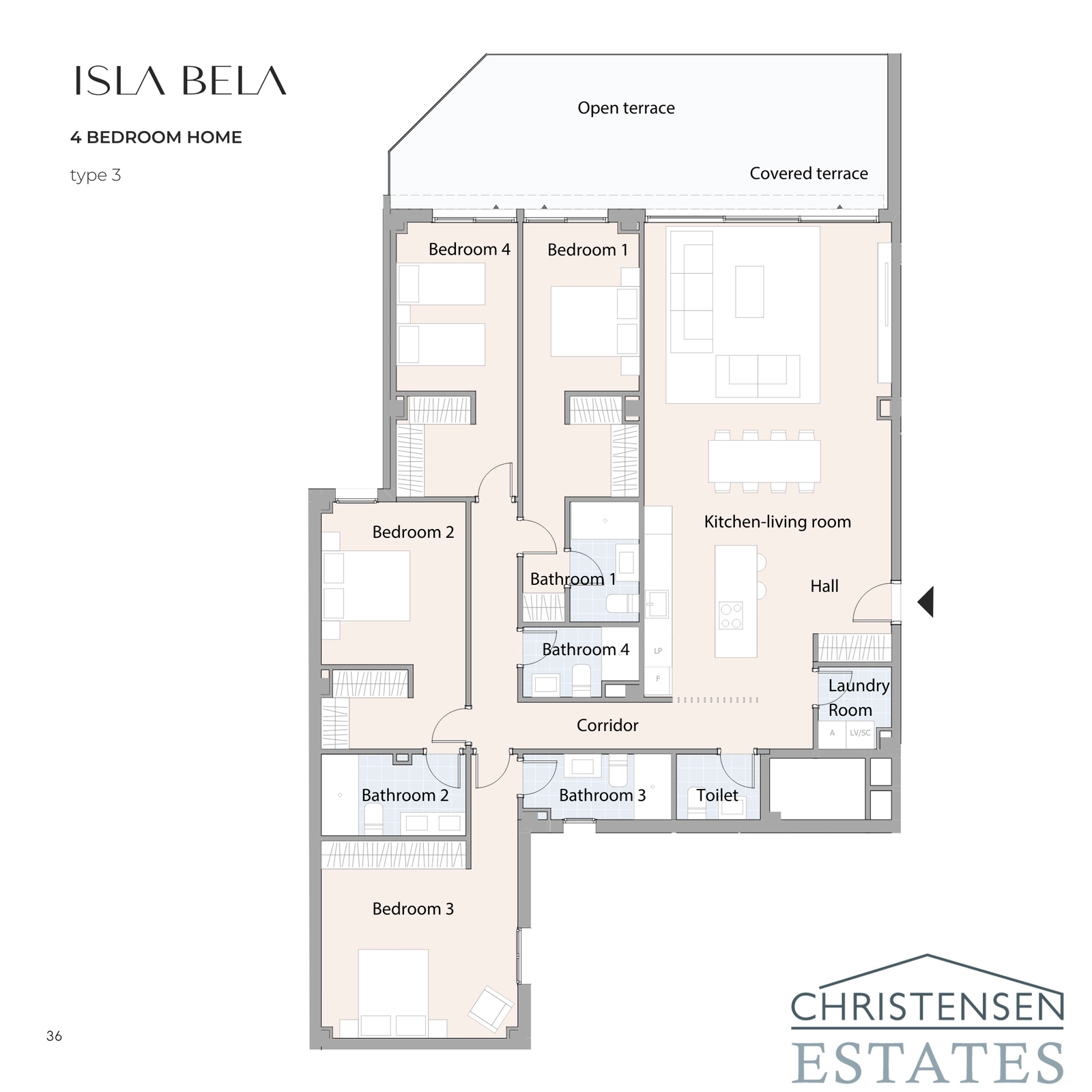 Planlösning för bostad med fyra sovrum, som erbjuder gott om utrymme och flera badrum för den ultimata familjekomforten och lyxen.