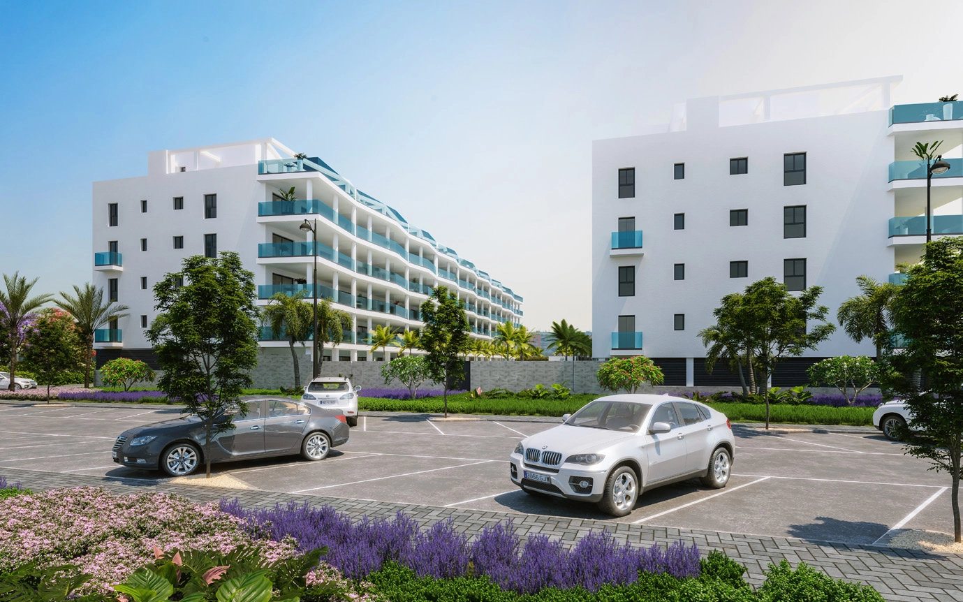 Den moderna arkitekturen i Jardines de las Lagunas, designad för ett modernt boende på Costa del Sol.