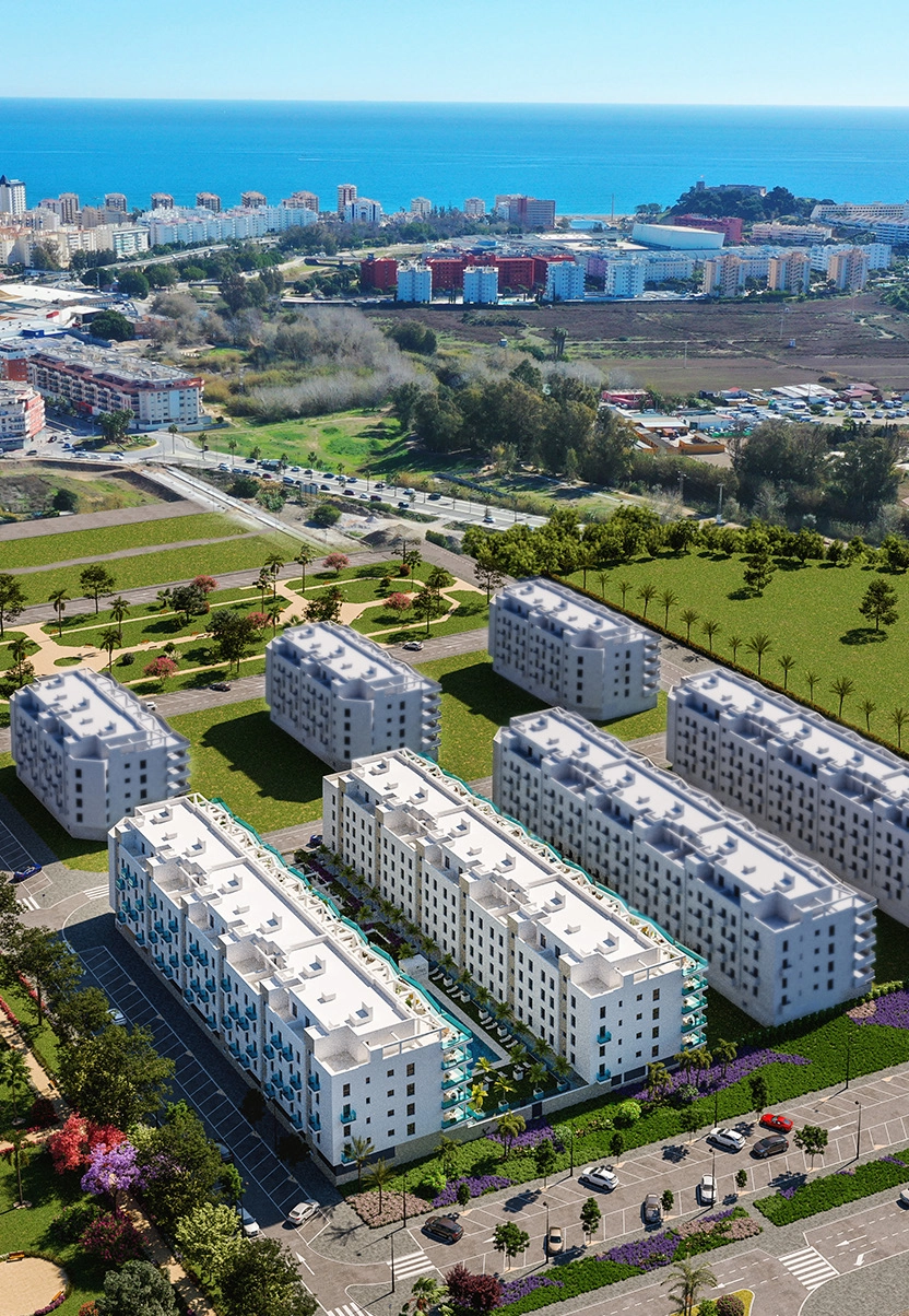 En flygbild som visar projektets privilegierade läge och dess närhet till Medelhavet.