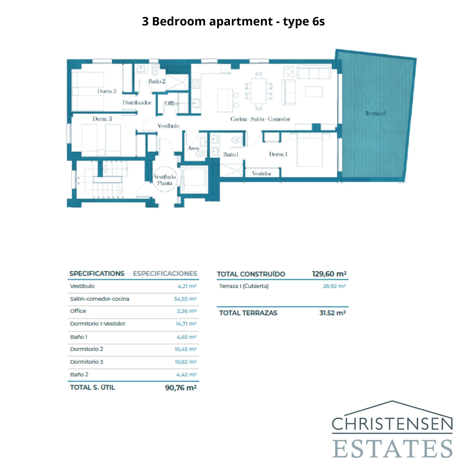 Planlösning för en rymlig 3-rumslägenhet, med integrerat vardagsrum och en generös privat terrass.
