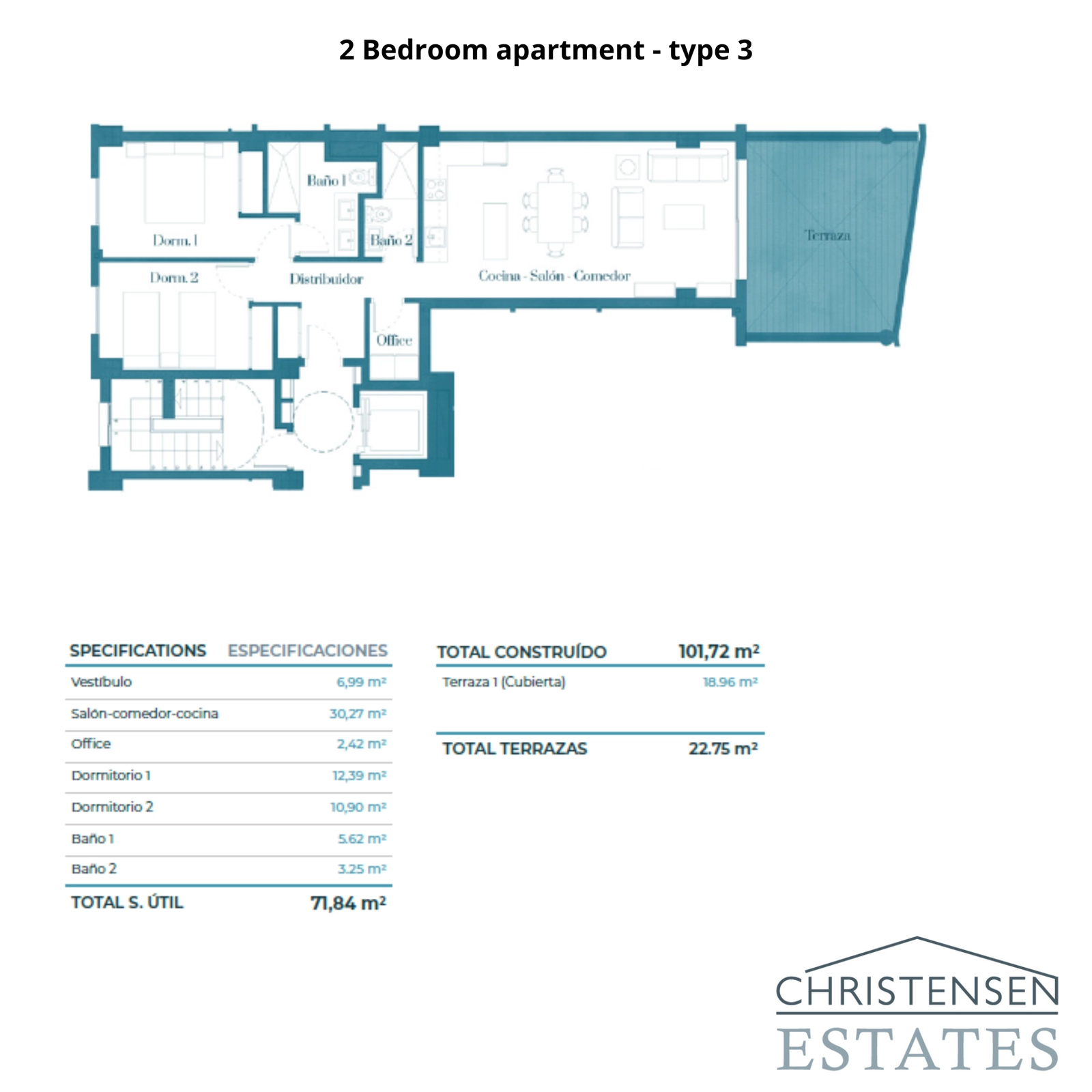 Planlösning för en 2-rumslägenhet som visar en smart design som maximerar utrymme och naturligt ljus.