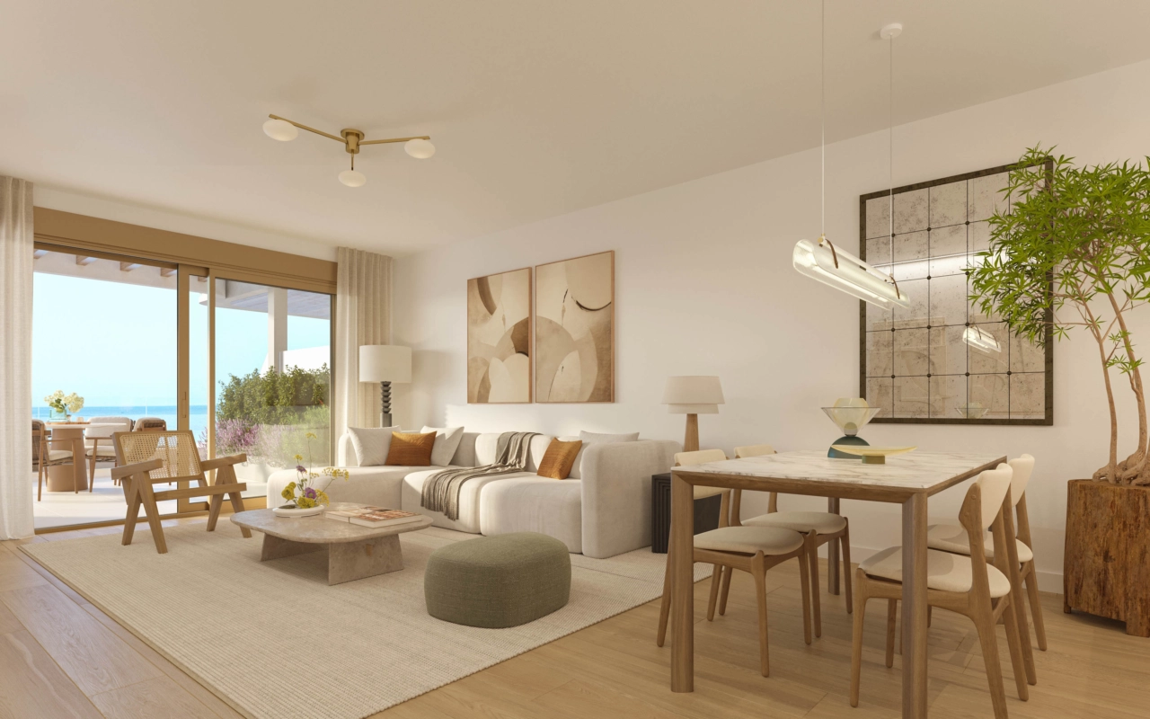 Eleganta interiörer flödas av naturligt ljus från stora fönster.