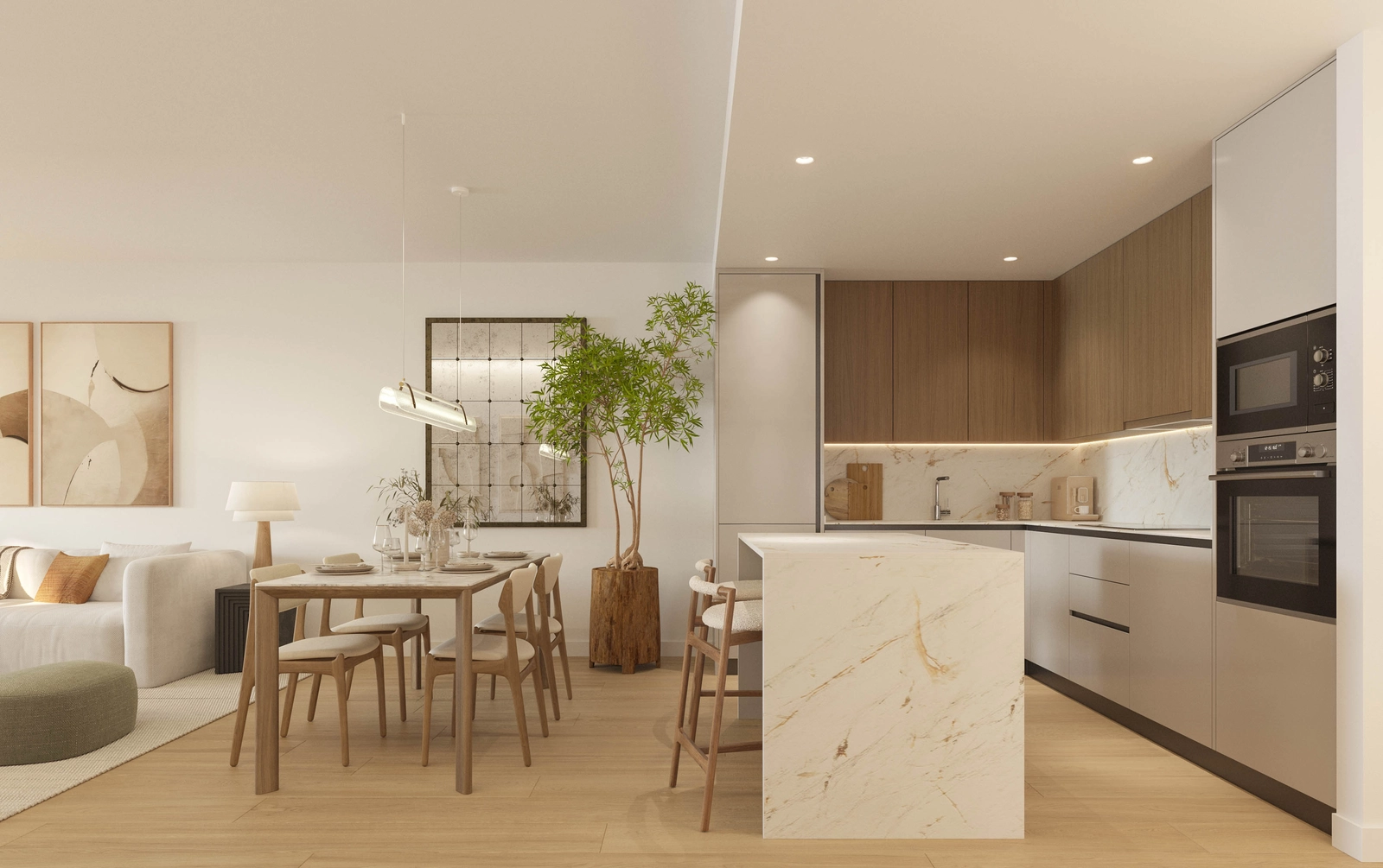 Ett modernt kök med öppen planlösning, utrustat med högkvalitativa vitvaror och premiumytor.