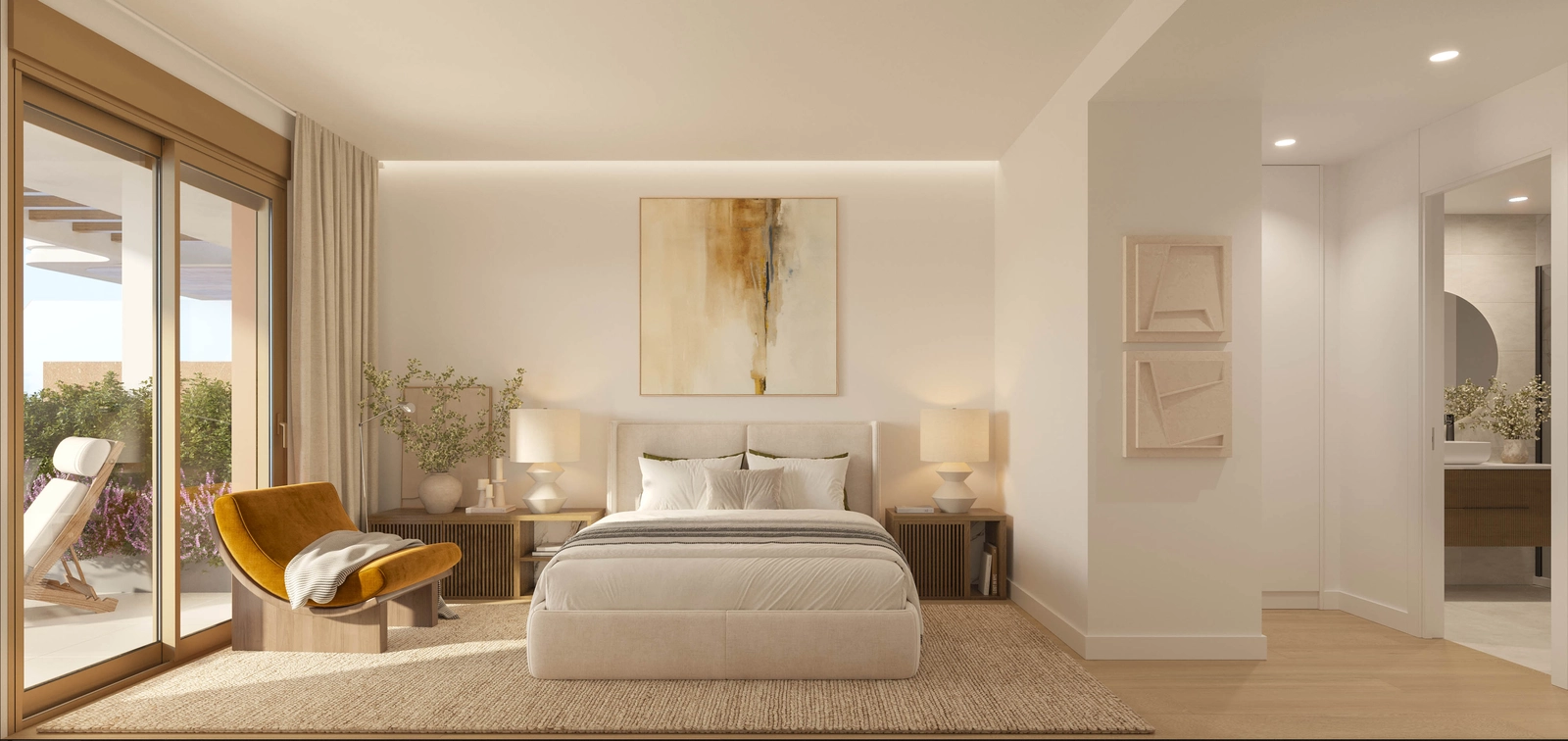 Master sovrummet är en fridfull oas med direkt tillgång till en privat terrass.