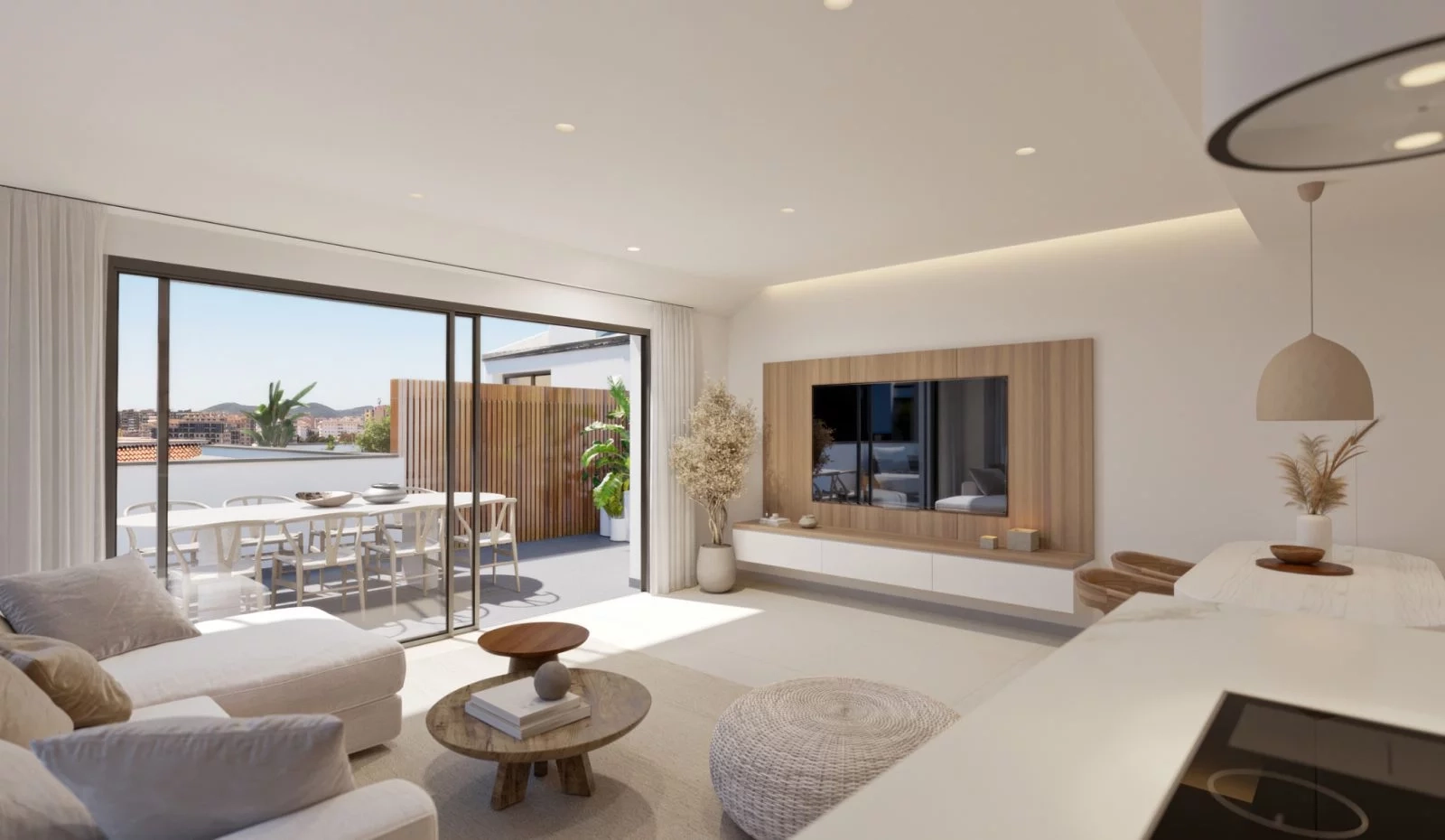 Öppna vardagsrum som smidigt ansluter till privata uteplatser.