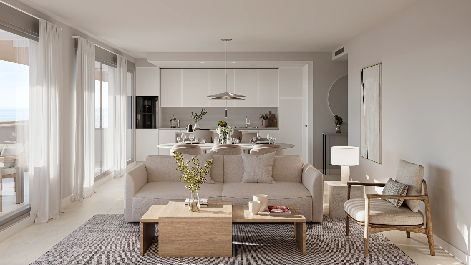 Ljust och rymligt vardagsrum med öppen planlösning, som smidigt ansluter till utomhusmiljön.