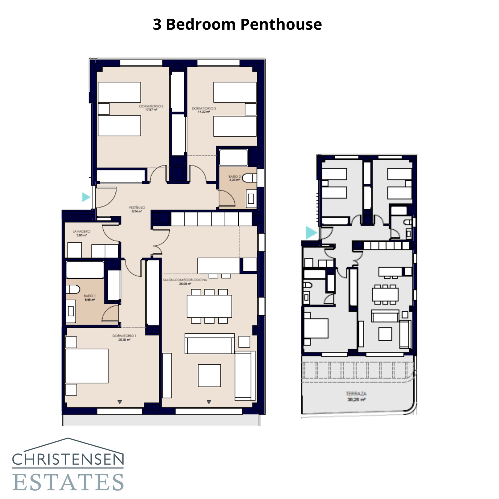 Planlösningen för en trerums takvåning, som framhäver det stora vardagsrummet och terrassen.