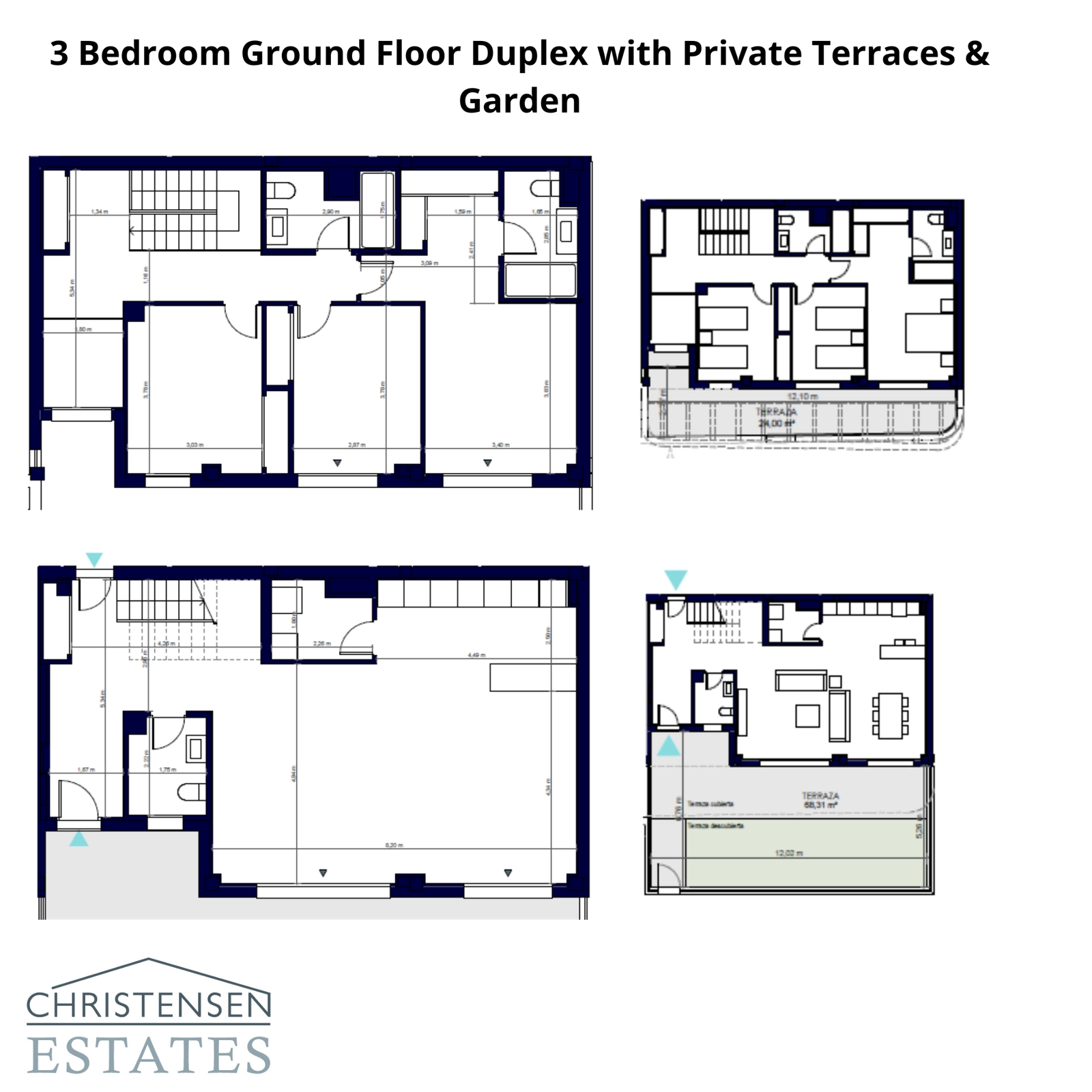 En rymlig trerums duplex på bottenvåningen med stora privata terrasser och en trädgård.