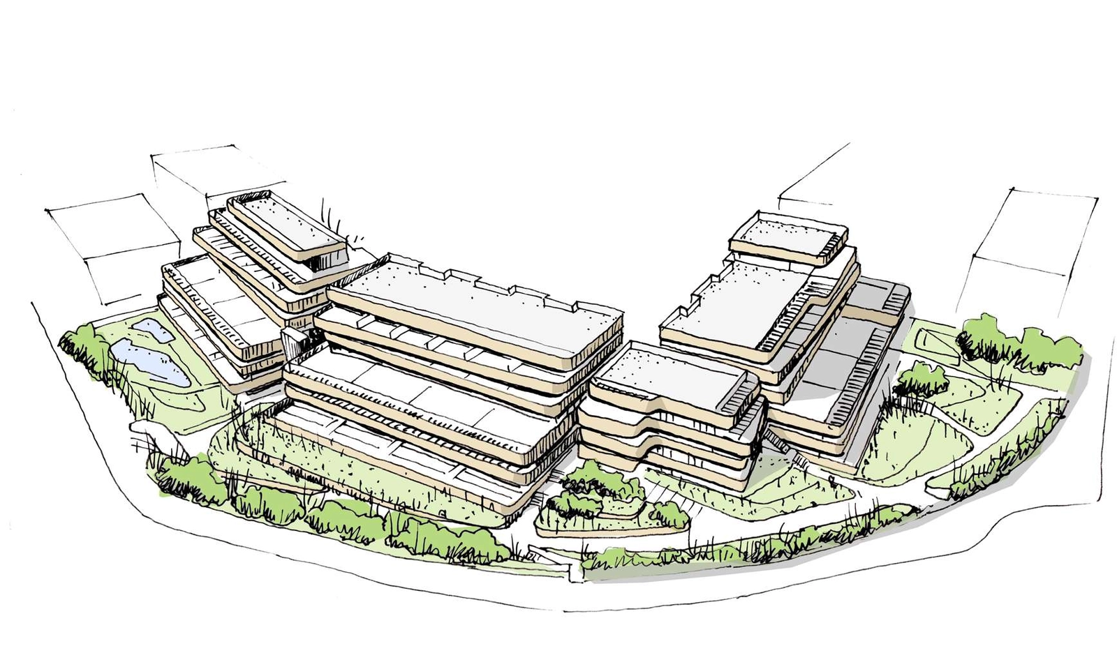 Arkitektonisk skiss som illustrerar projektets eleganta design och integration med landskapet.