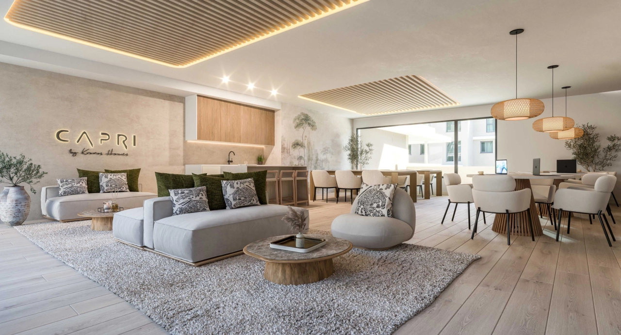 En bekväm och stilren samarbetsyta för boende att arbeta eller koppla av i.