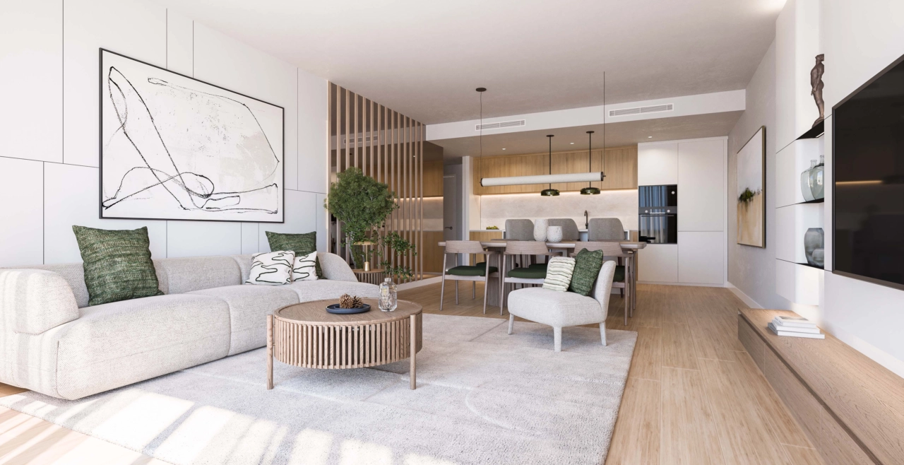 Samtida interiörer med högkvalitativa material och en sofistikerad, neutral färgpalett.