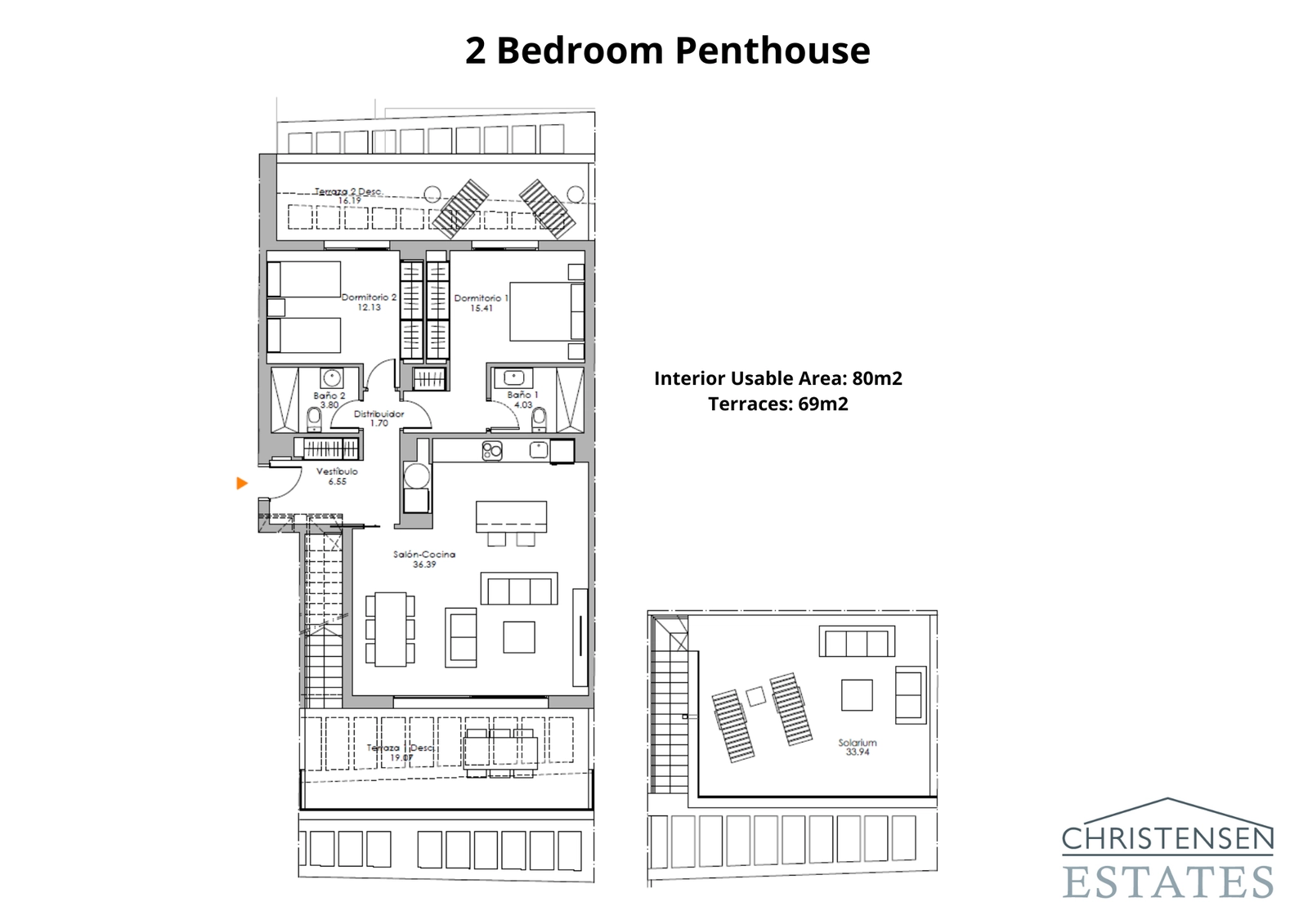 Takvåning med två sovrum – Den ultimata lyxupplevelsen, denna planlösning inkluderar ett spektakulärt taksolarium för privat solbad och underhållning.