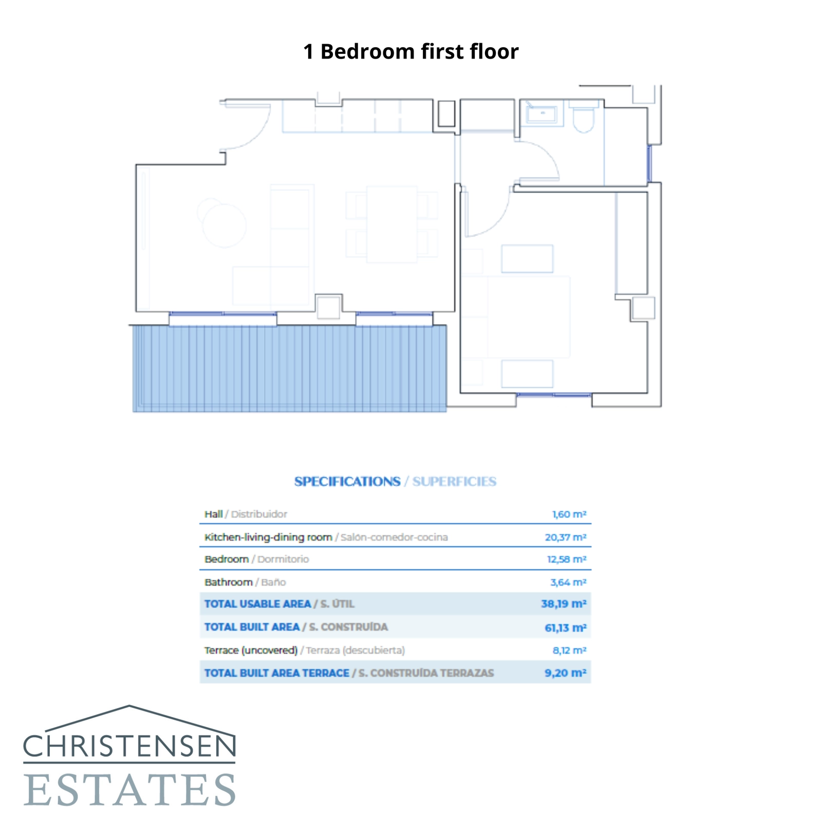En genomtänkt planlösning med ett sovrum för lägenheterna på första våningen, som balanserar bekvämt inre utrymme med en trevlig privat terrass.