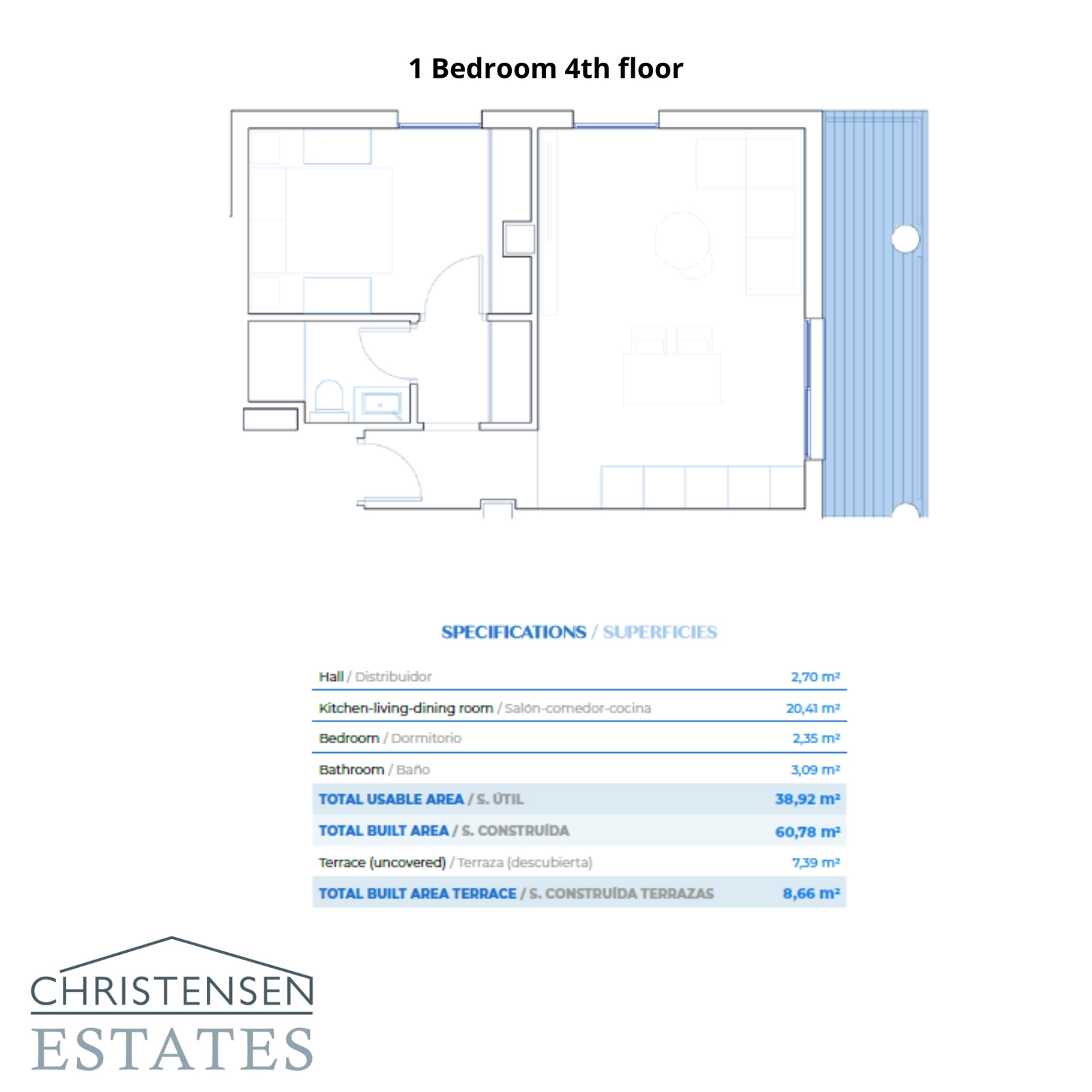Den effektiva och stilfulla planlösningen för en enrumsbostad på fjärde våningen, som erbjuder ett öppet vardagsrum och en terrass för att njuta av utsikten.