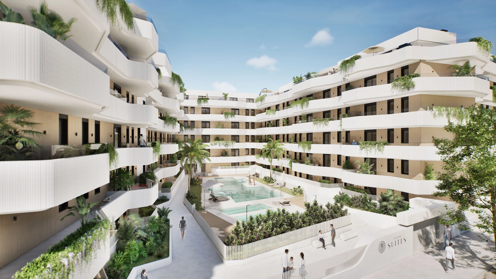 En flygvy över den fantastiska organiska arkitekturen och det centrala poolområdet i detta exklusiva bostadsprojekt på Costa del Sol.