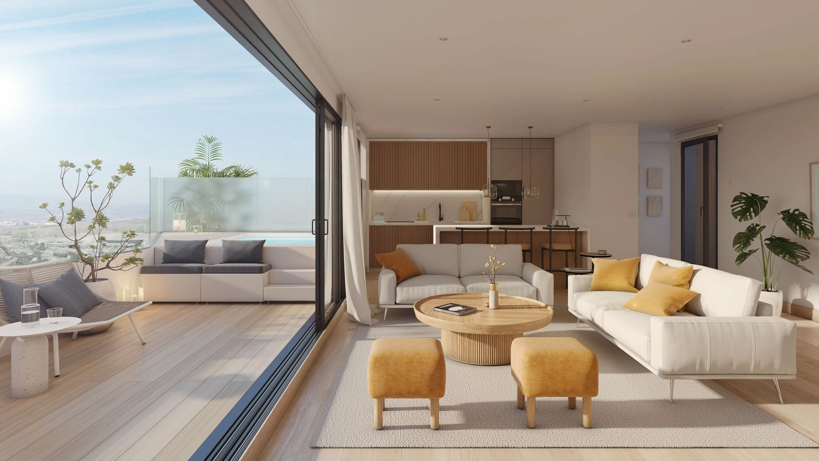 Ett ljust och rymligt vardagsrum i en takvåning, med en smidig övergång till en soldränkt terrass.